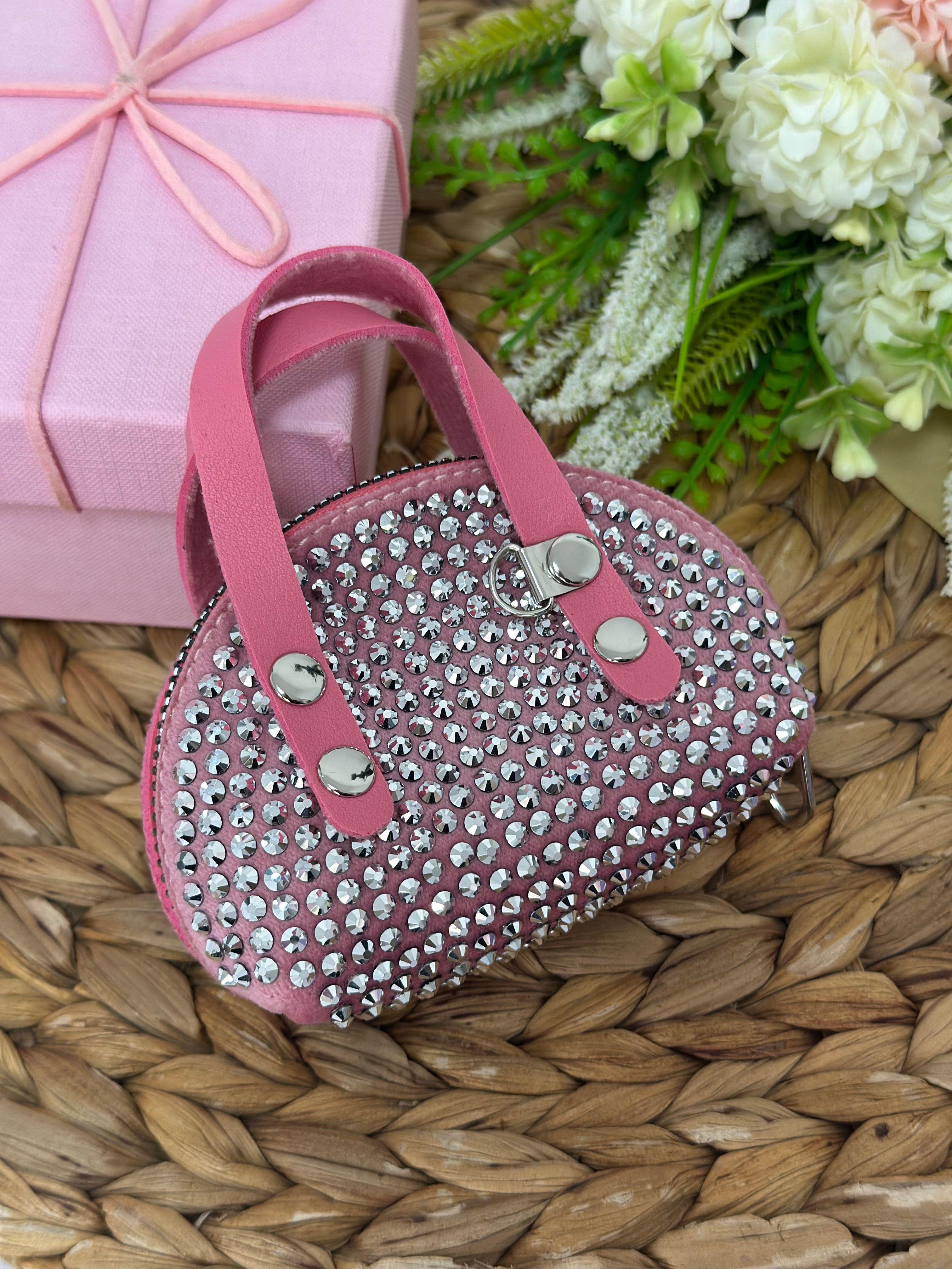 Pembe Zincir Askılı Taşlı Mini Çanta