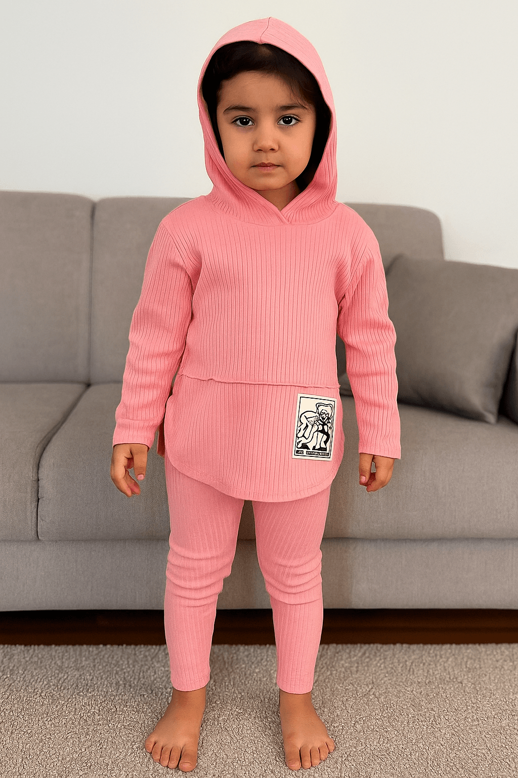 Kız Çocuk Pembe Kapşonlu Ayıcık Desenli Takım