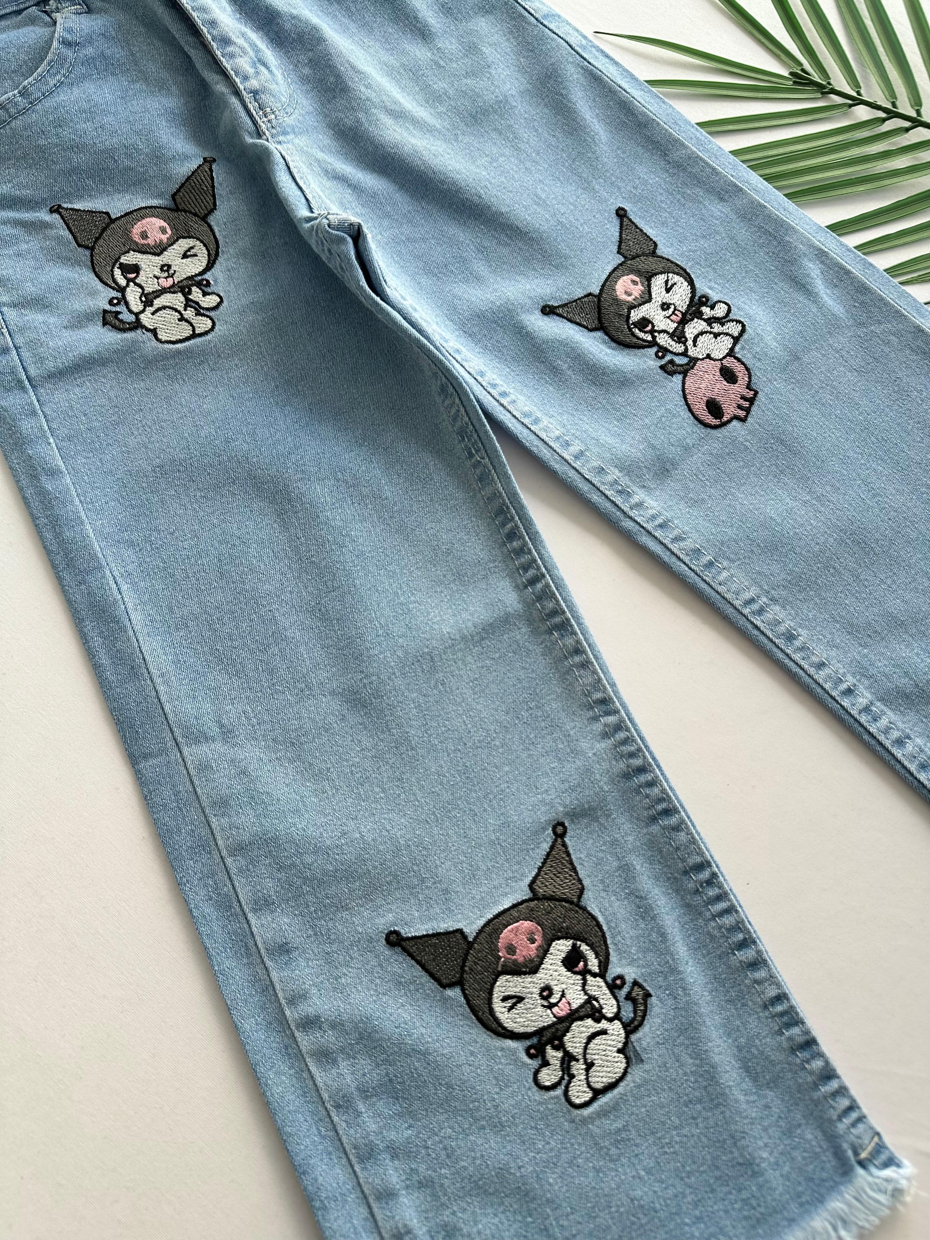Kız Çocuk Mavi Kuromi Nakışlı Kot Pantolon