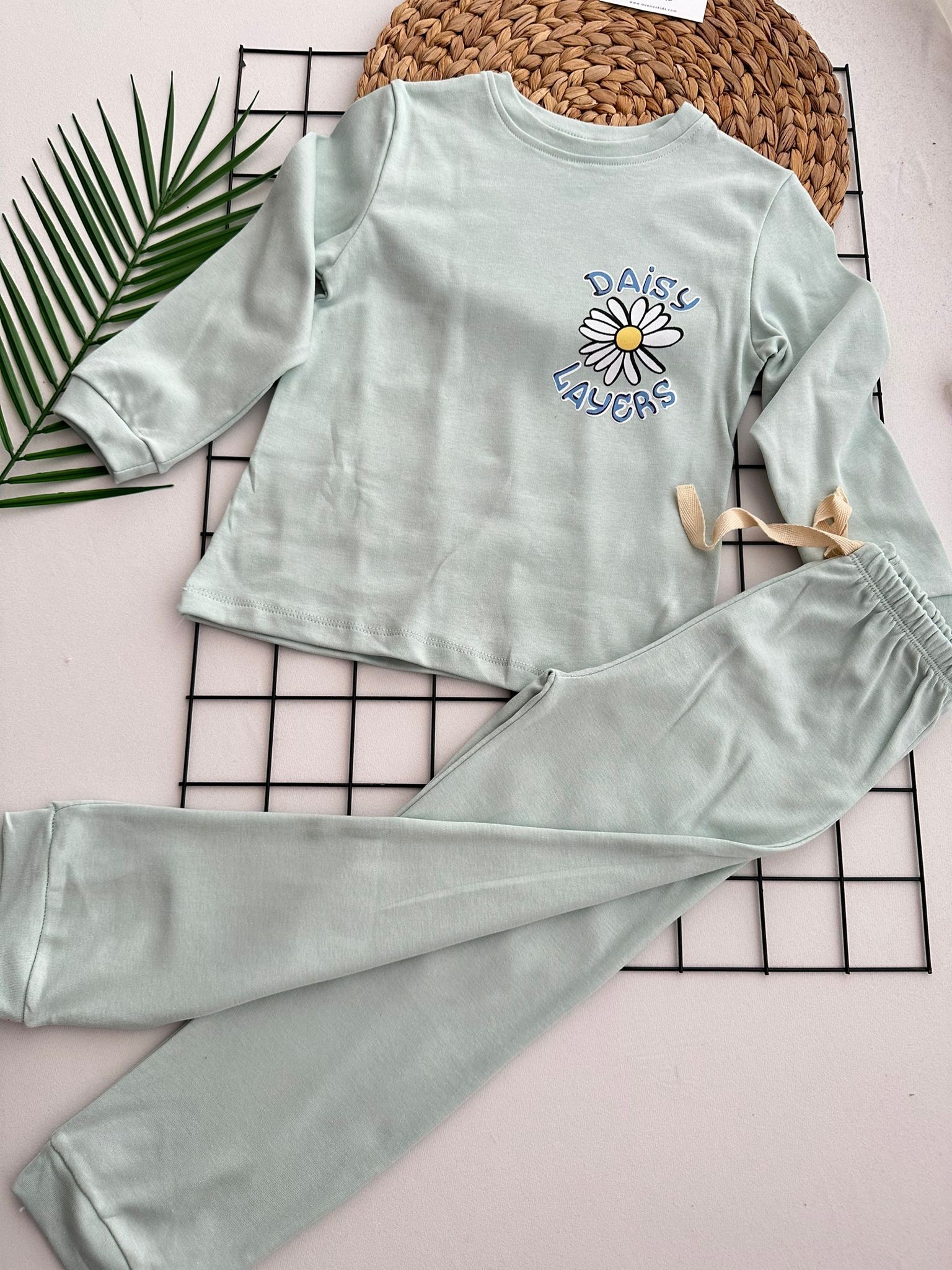 Pamuklu Papatya Desenli Su Yeşili Pijama Takımı
