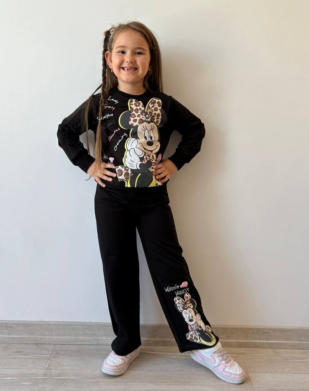 Kız Çocuk Siyah Minnie Leoparlı Bol Paça 2'li Takım