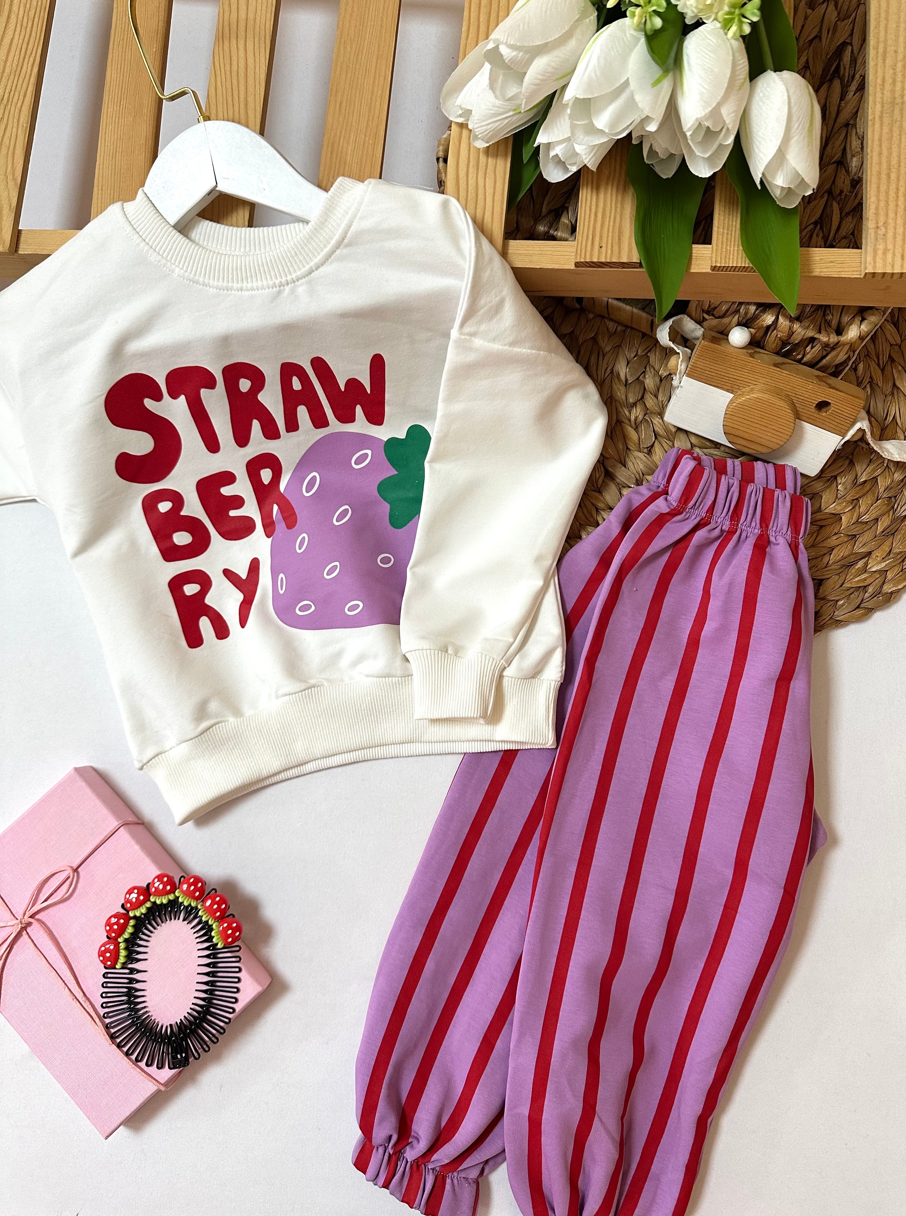 Kız Çocuk Mor Çilekli Çizgili Takım