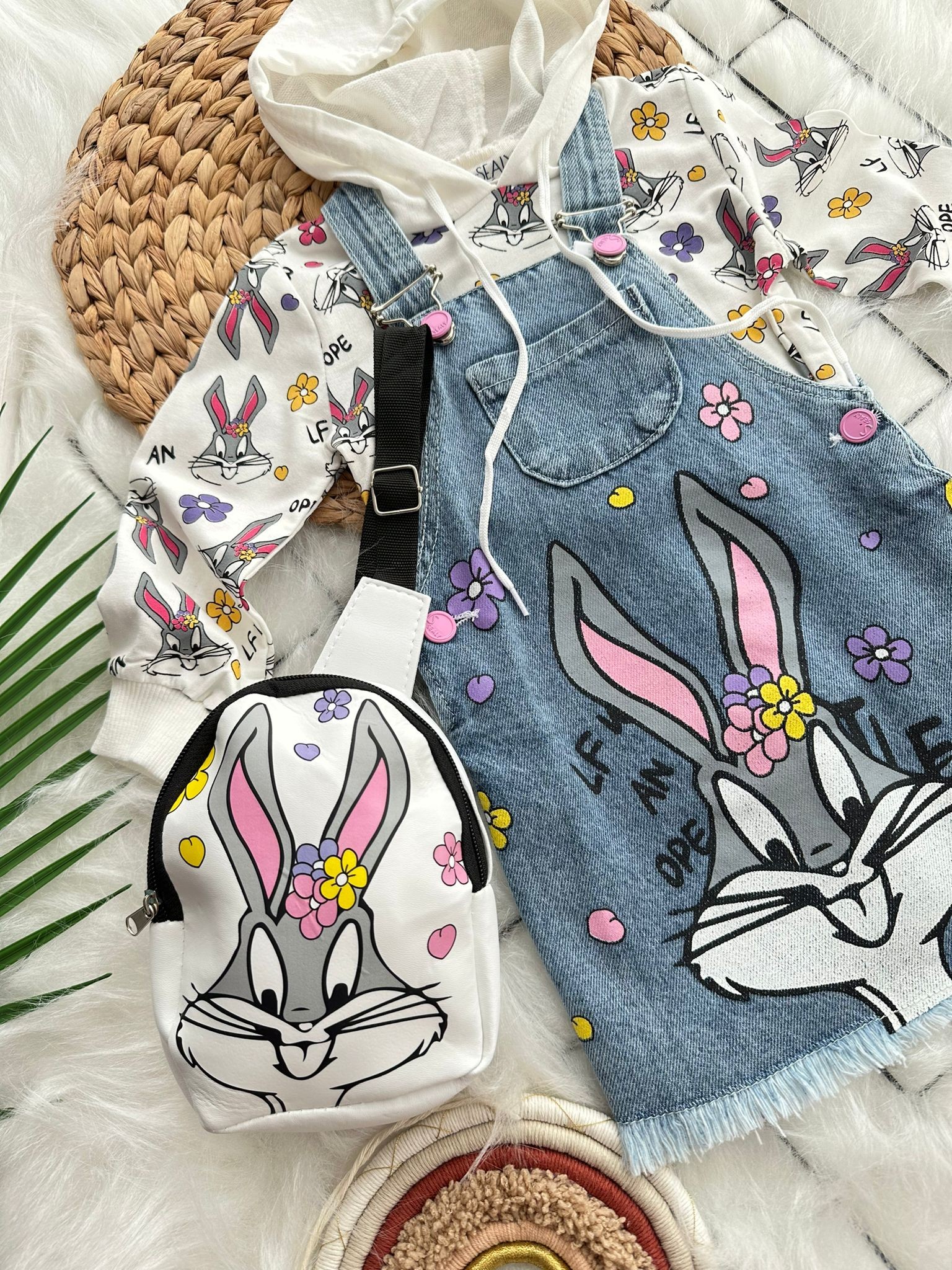 3'lü Set Bugs Bunny Kot Salopet Kız Çoçuk Takım