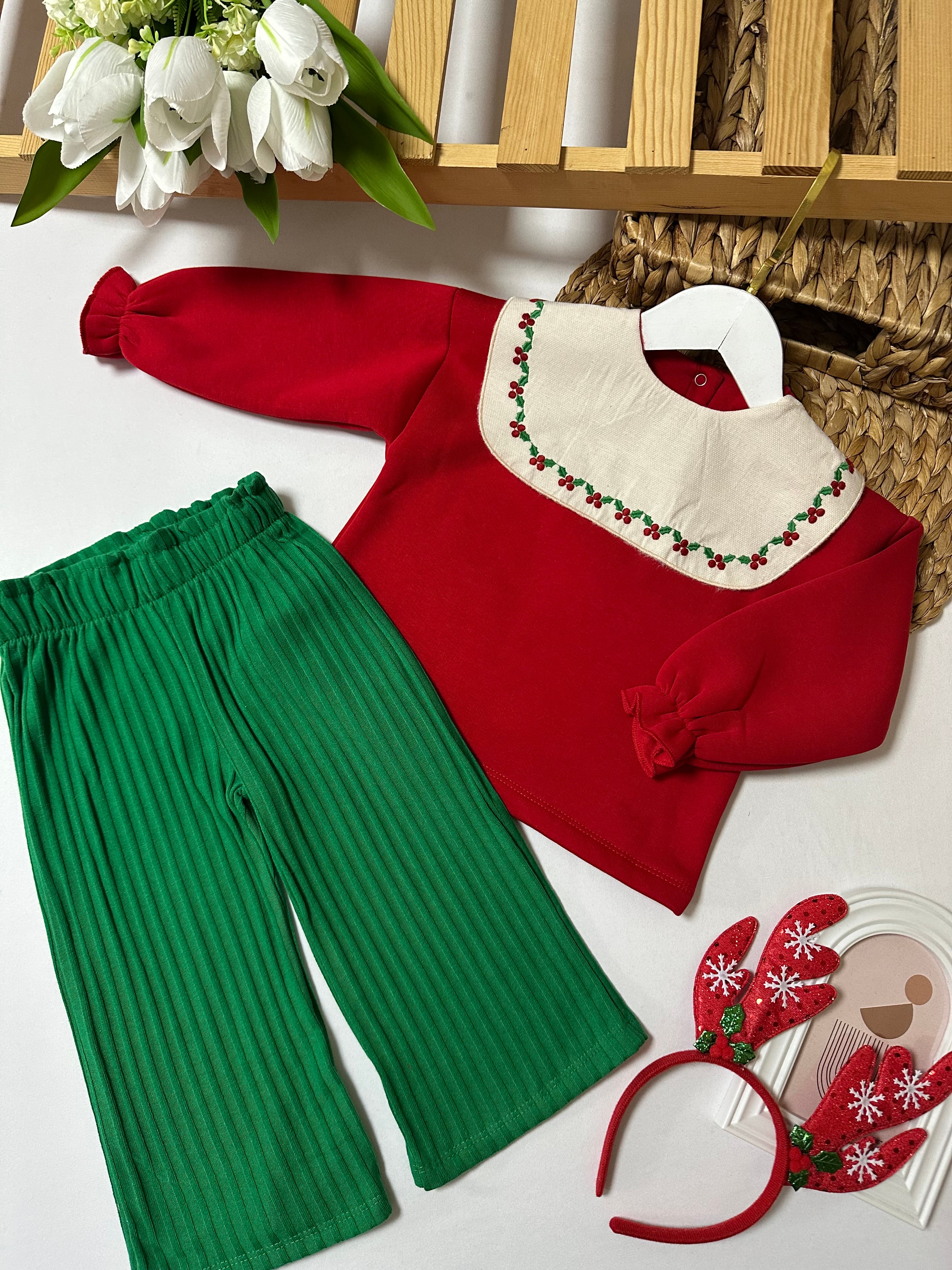 Kız Çocuk Kırmızı Yeşil Önlük Yaka Takım