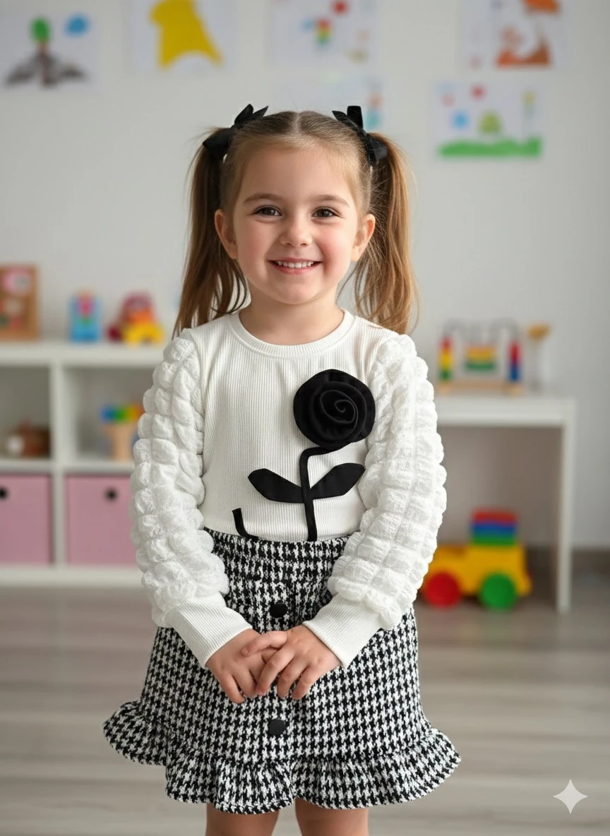 Kız Çocuk Beyaz Gül Detaylı Etekli Takım