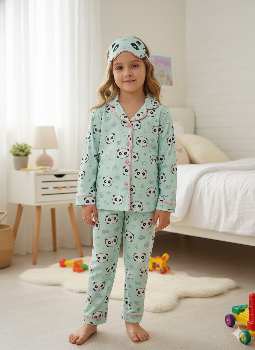 Kız Çocuk Yeşil Pandalı  Uyku Bandı Hediyeli Pijama Takımı