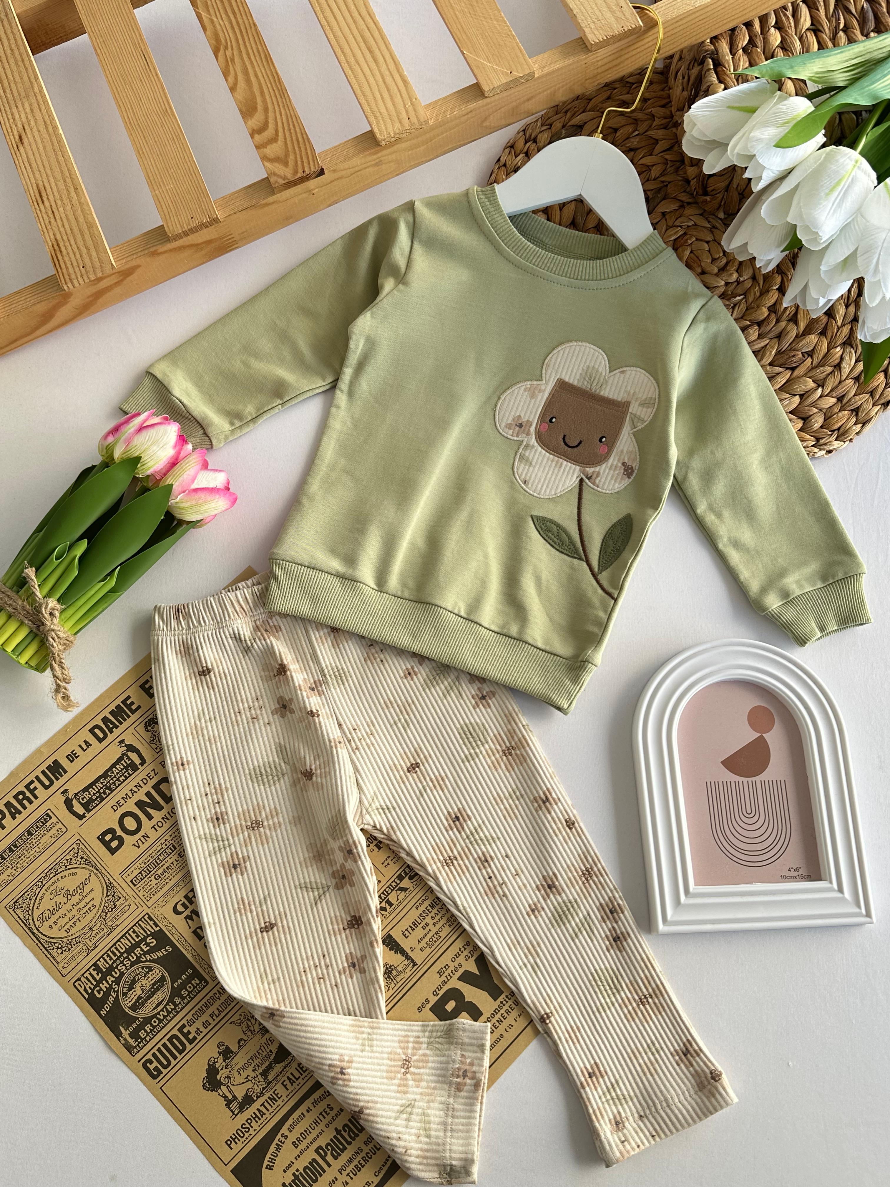 Kız Bebek Yeşil Çiçek Desenli Taytlı Takım 