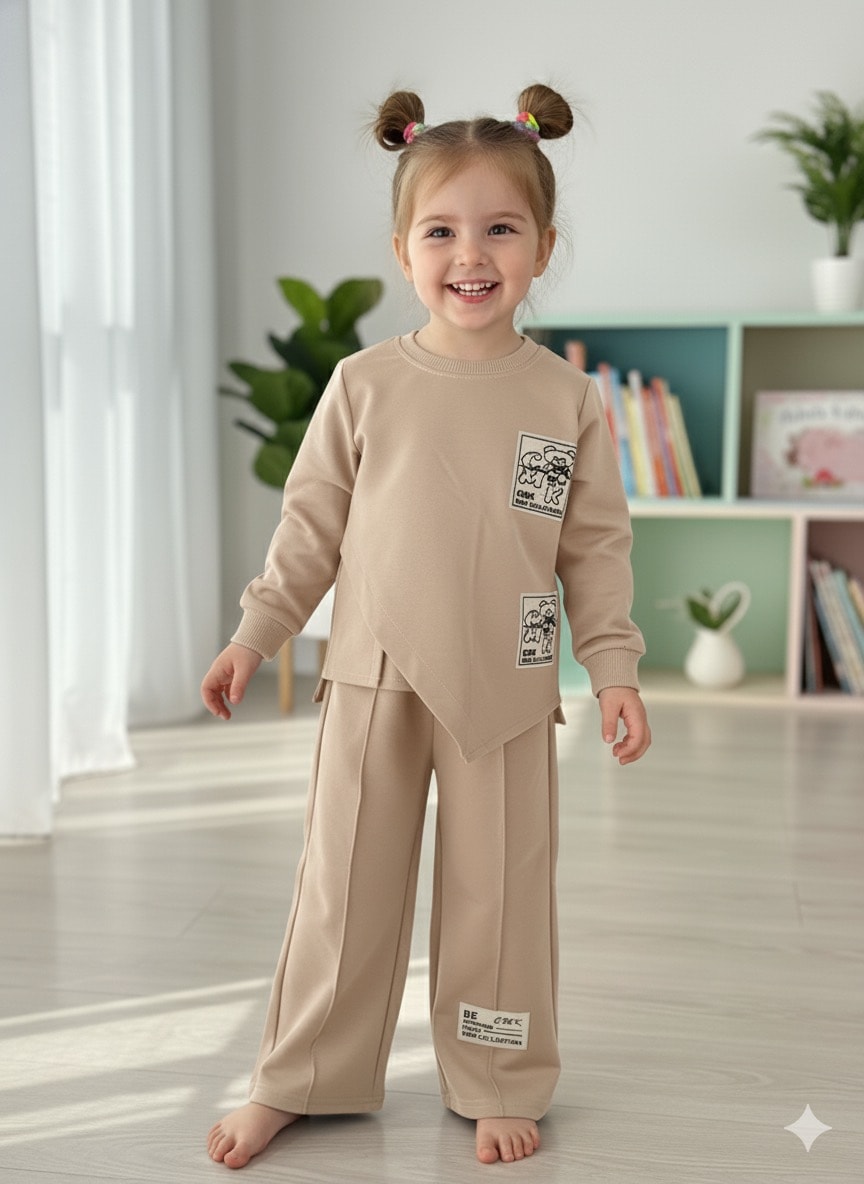 Kız Çocuk Ekru Ayıcık Yan Kesim Desenli Takım