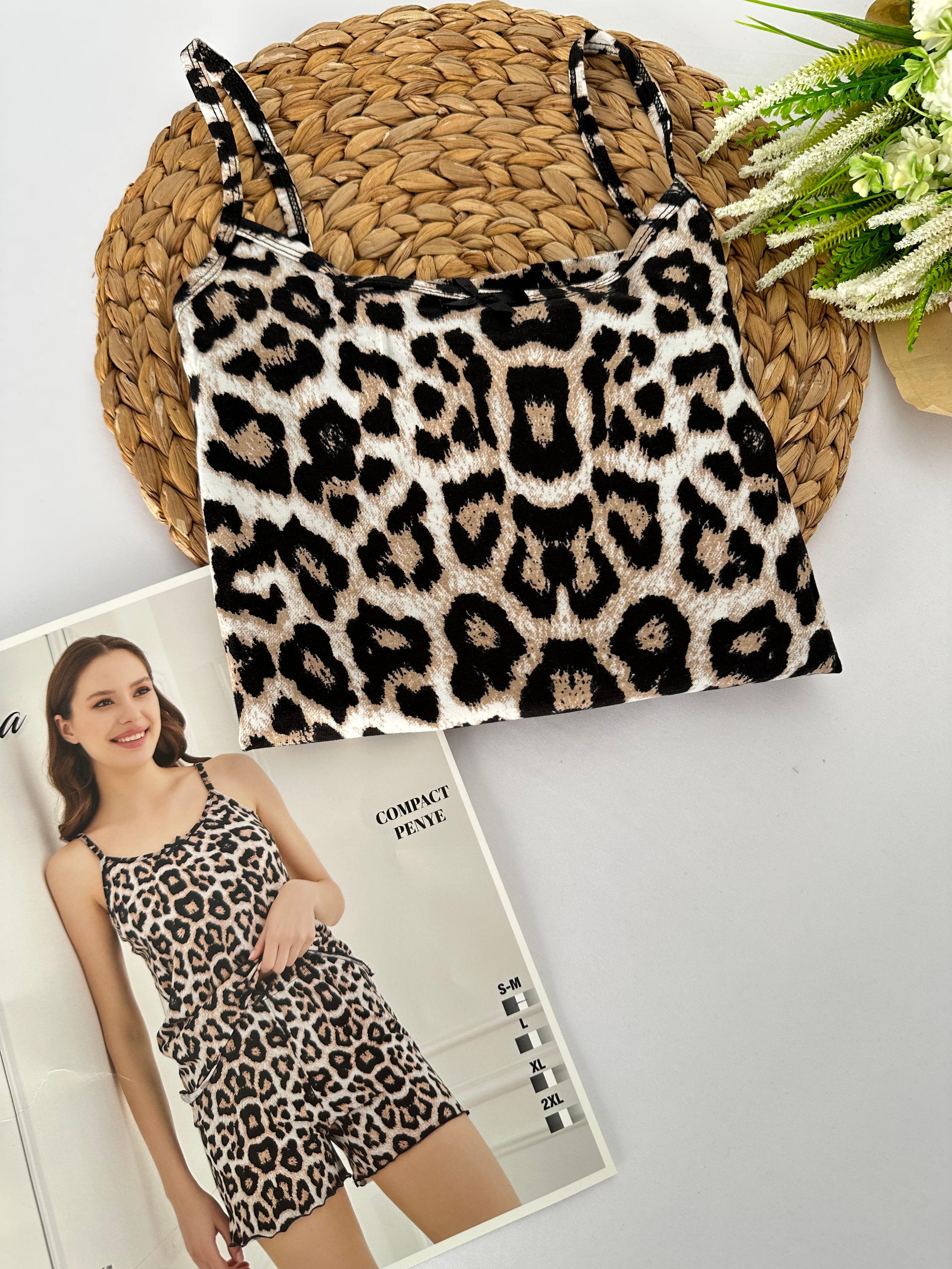 Leopar Desenli Askılı Kadın Pijama Takımı