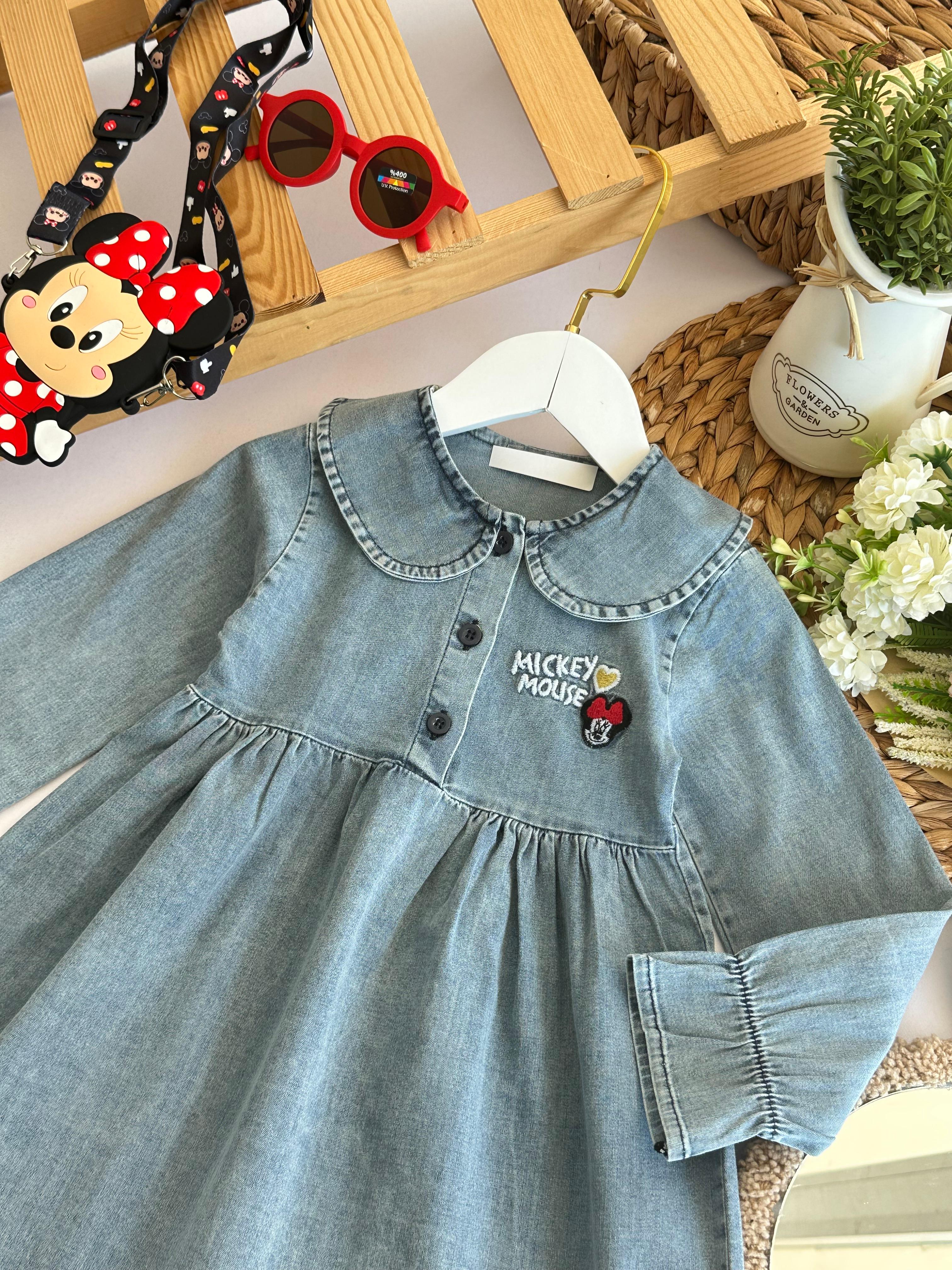 Kız Çocuk Açık Mavi Mickey Mouse Kot Elbise
