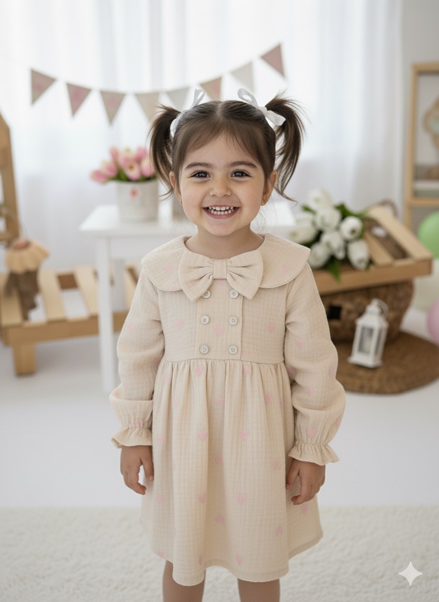 Kız Çocuk Pembe Kalpli Müslin Elbise