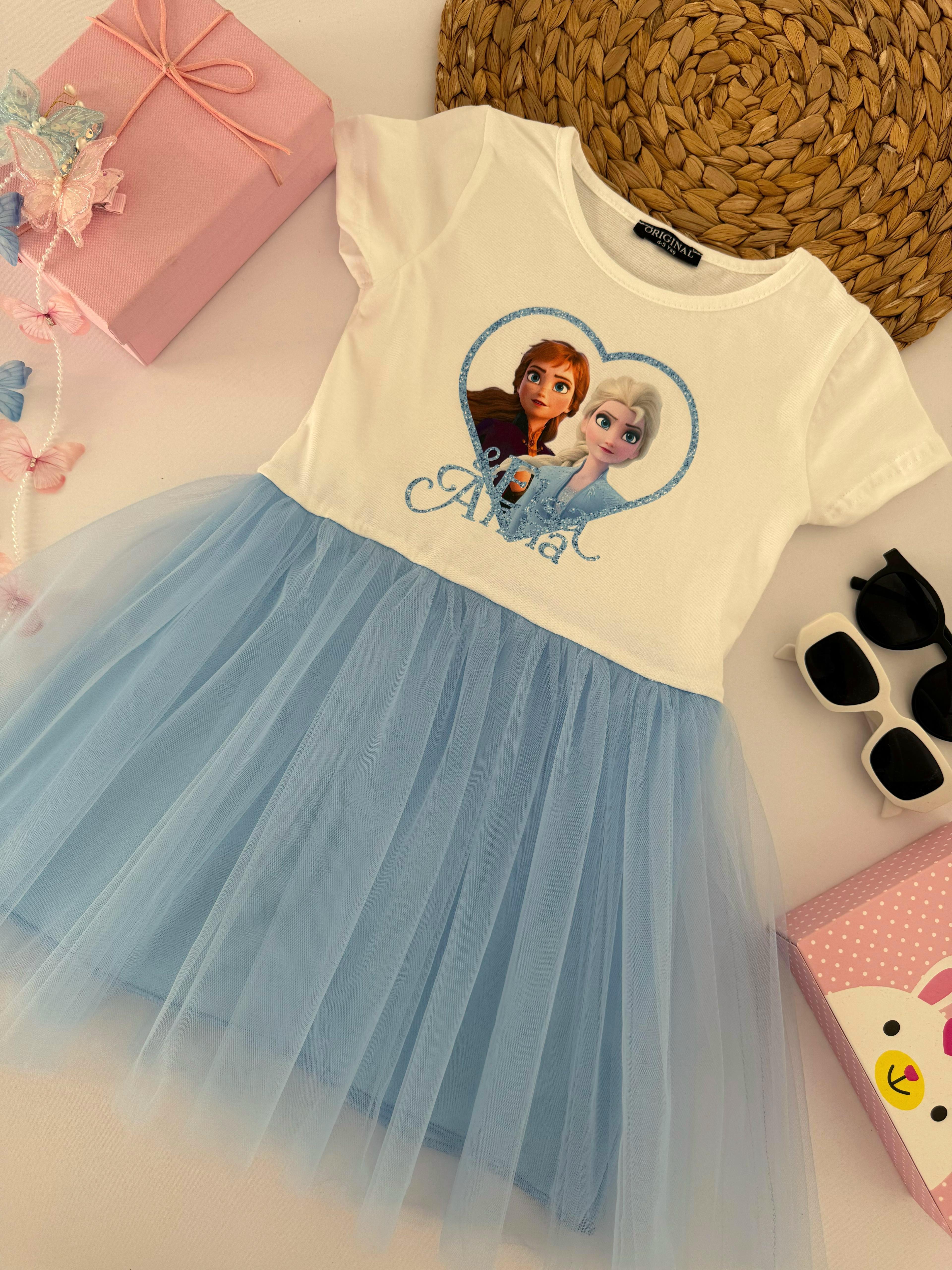 Kız Çocuk Mavi Elsa Anna Tüllü Elbise