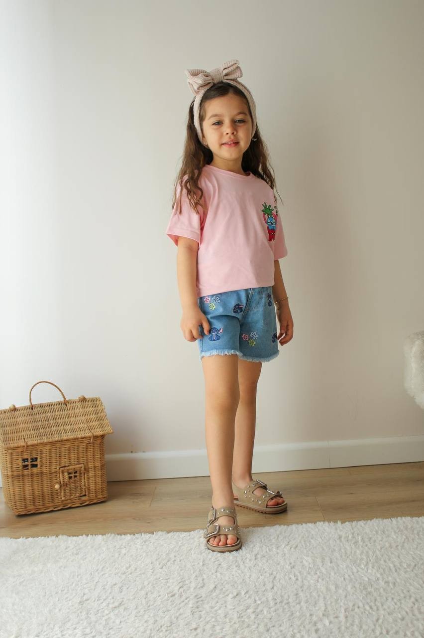 Kız Çocuk Pembe Stitch Şortlu Takım