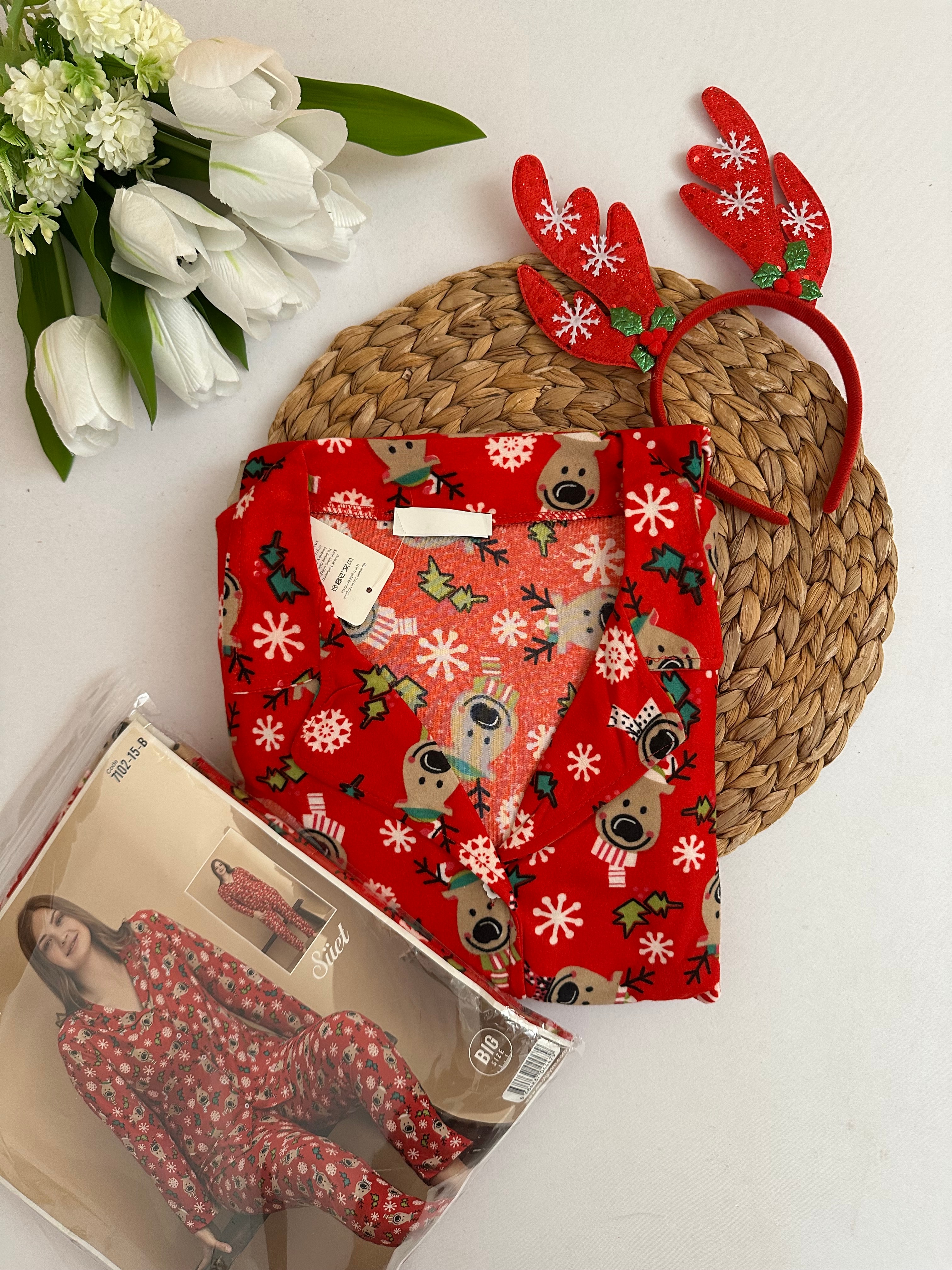 Kırmızı Geyik Desenli Süet Battal Boy Kadın Pijama Takımı