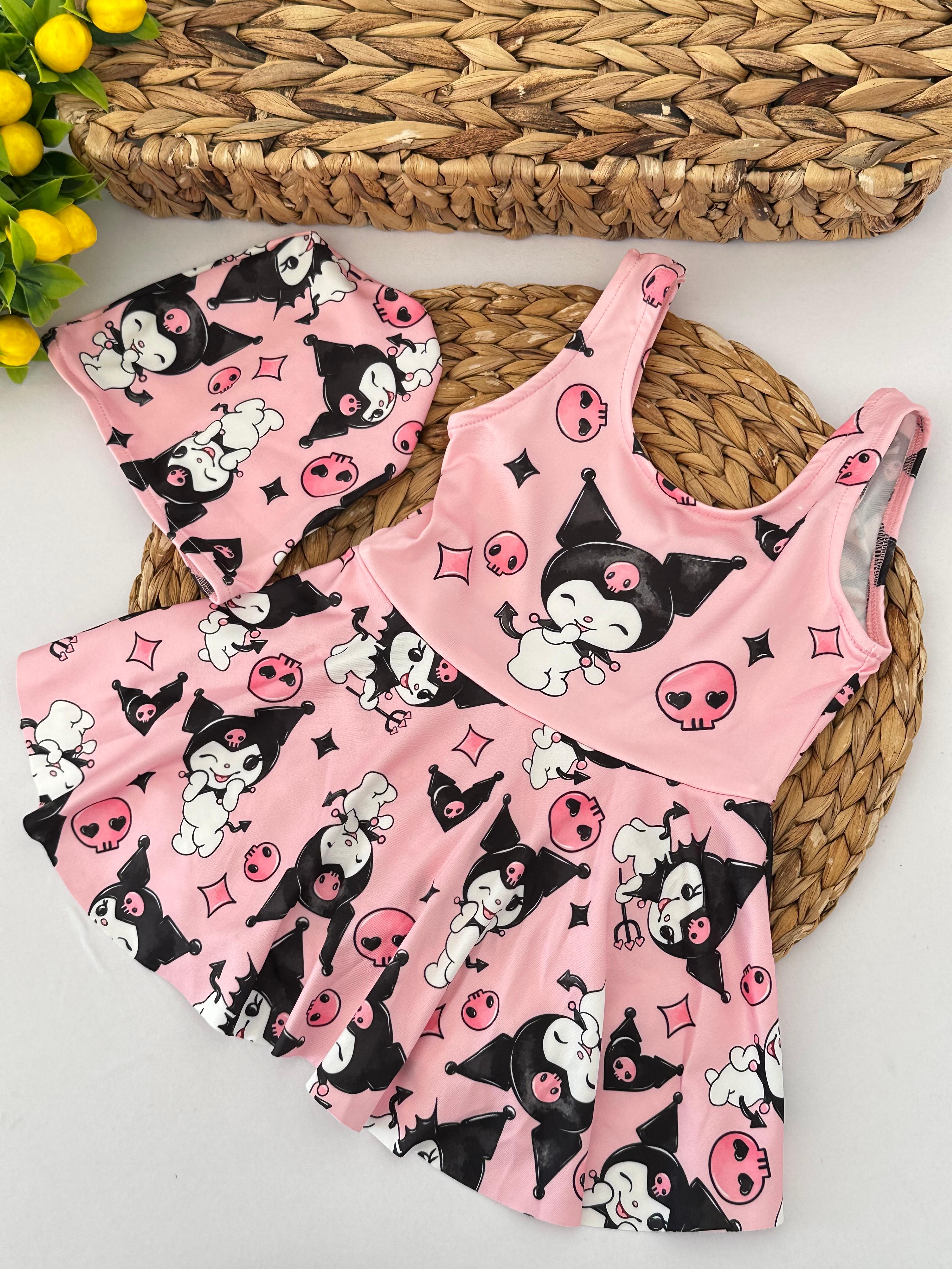 Kız Çocuk Pembe Kuromi Desenli Boneli Etekli Mayo