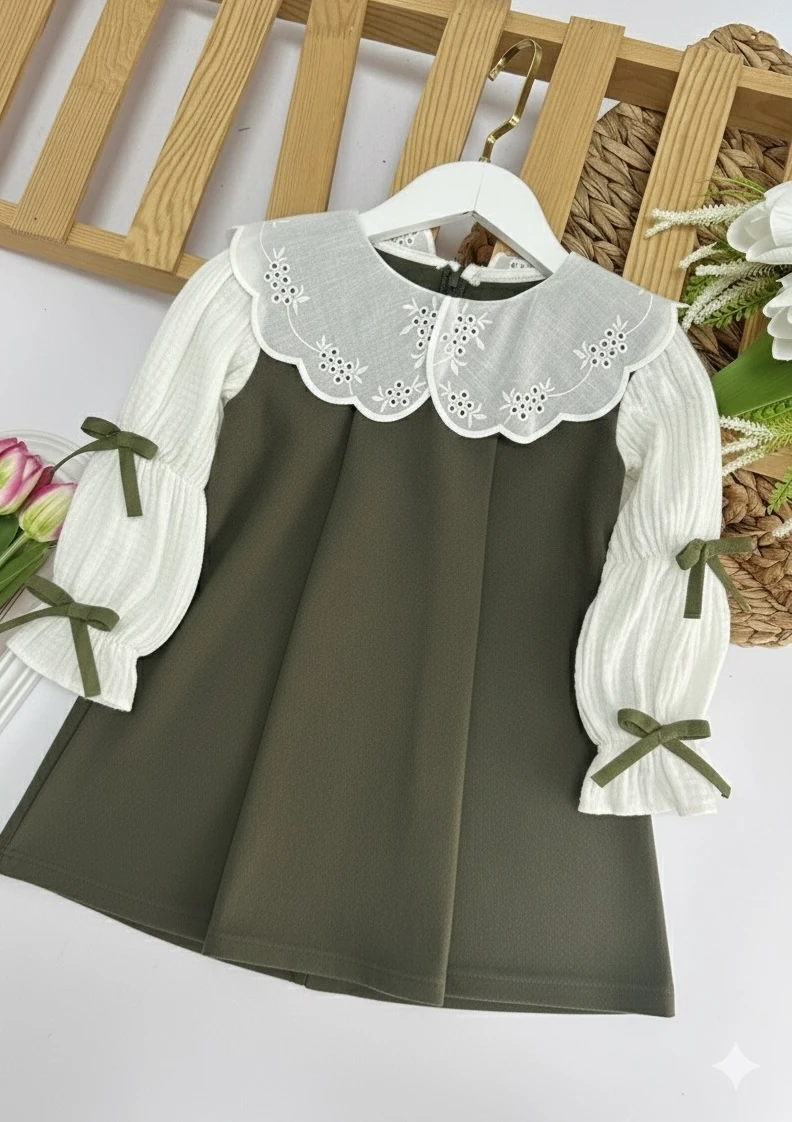 Kız Çocuk Haki Bebe Yaka Kolları Fiyonk Süet Elbise