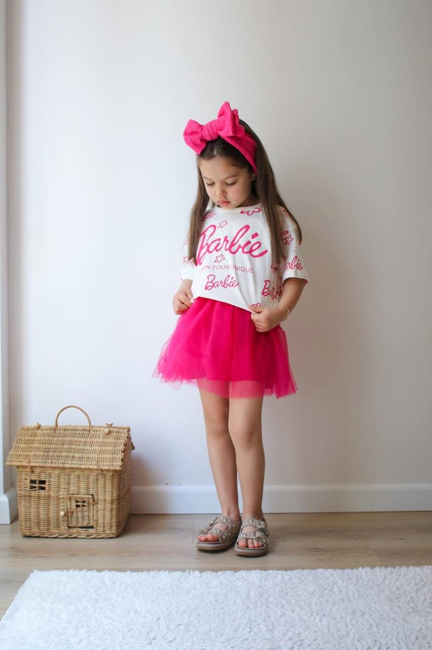 Kız Çocuk Pembe Barbie Tül Etekli Takım