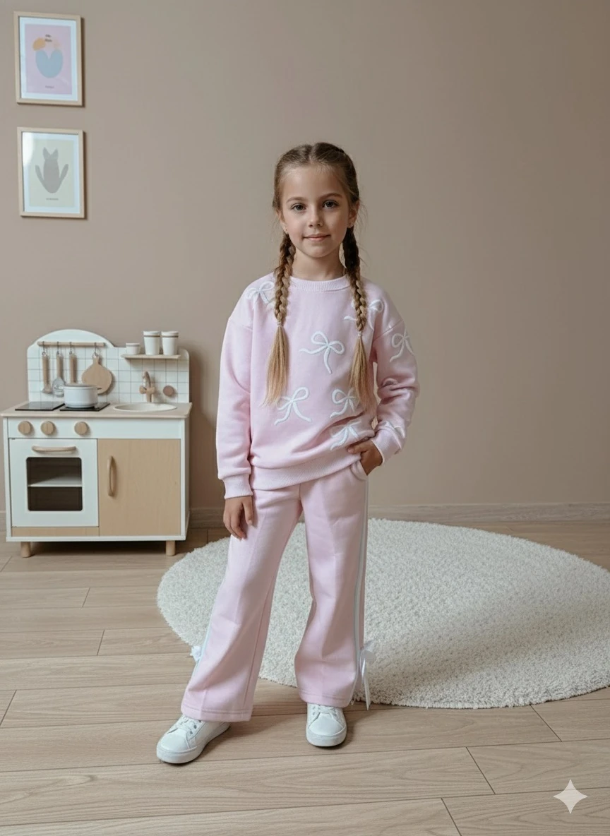 Kız Çocuk Pembe Fiyonklu Alt-Üst Takım