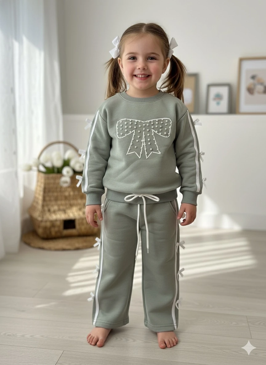 Kız Çocuk Haki İnci Fiyonklu 2’li Takım