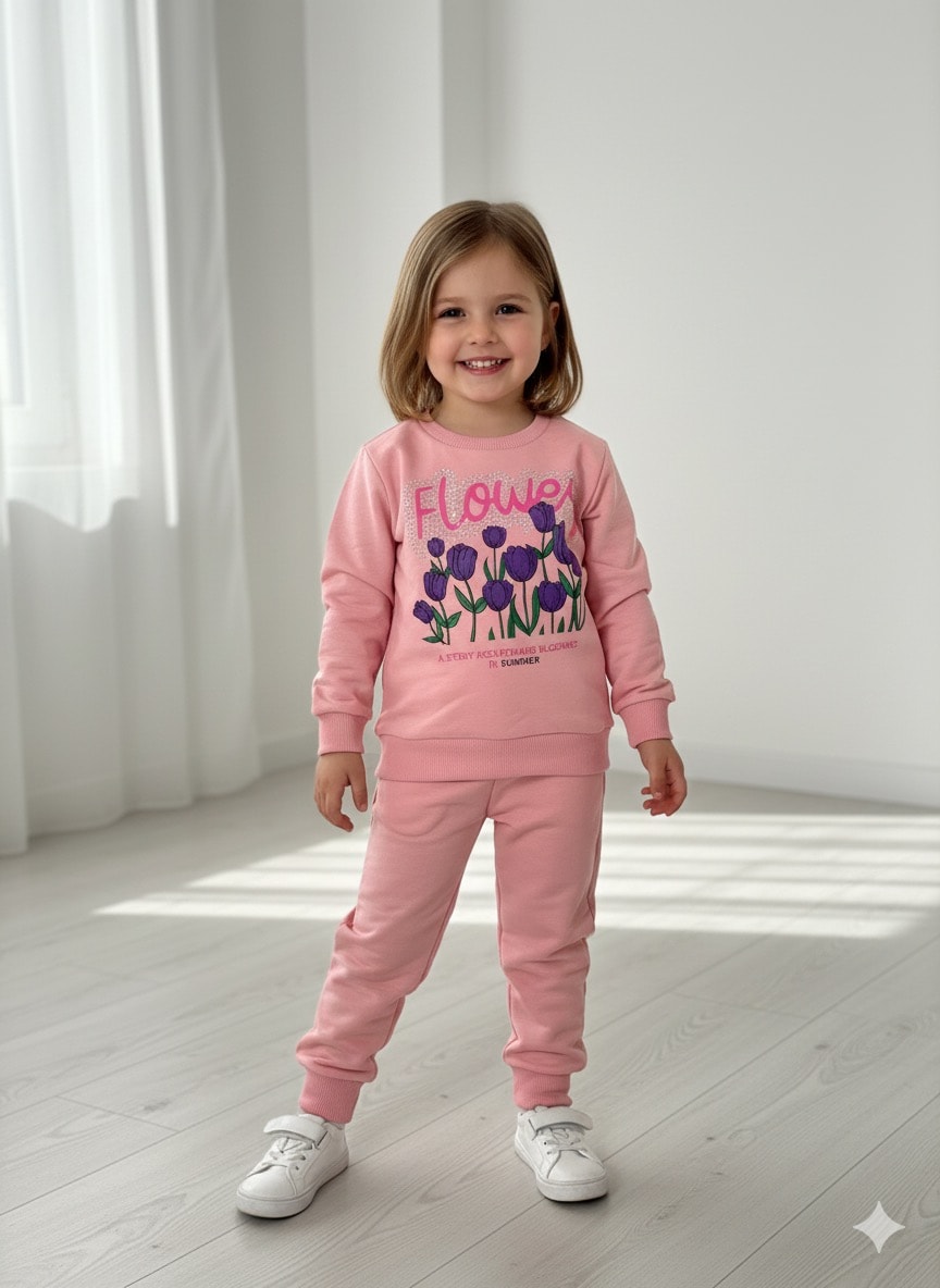 Kız Çocuk Pembe Çiçekli Alt-Üst Takım