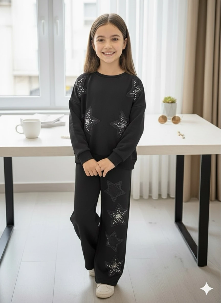 Kız Çocuk Siyah Oysho Kumaş Yıldızlı Takım