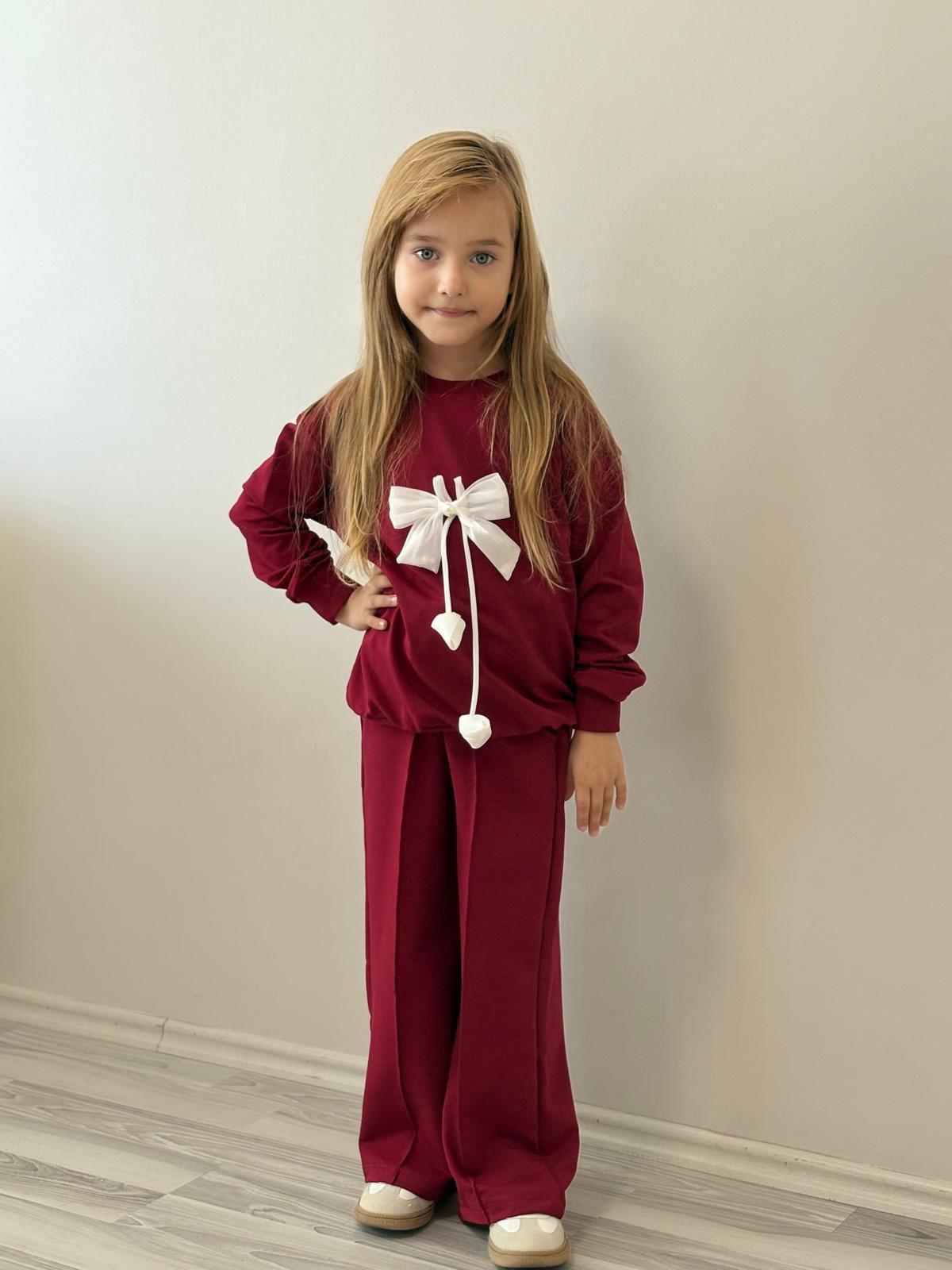 Kız Çocuk Bordo Fiyonklu Alt-Üst Takım