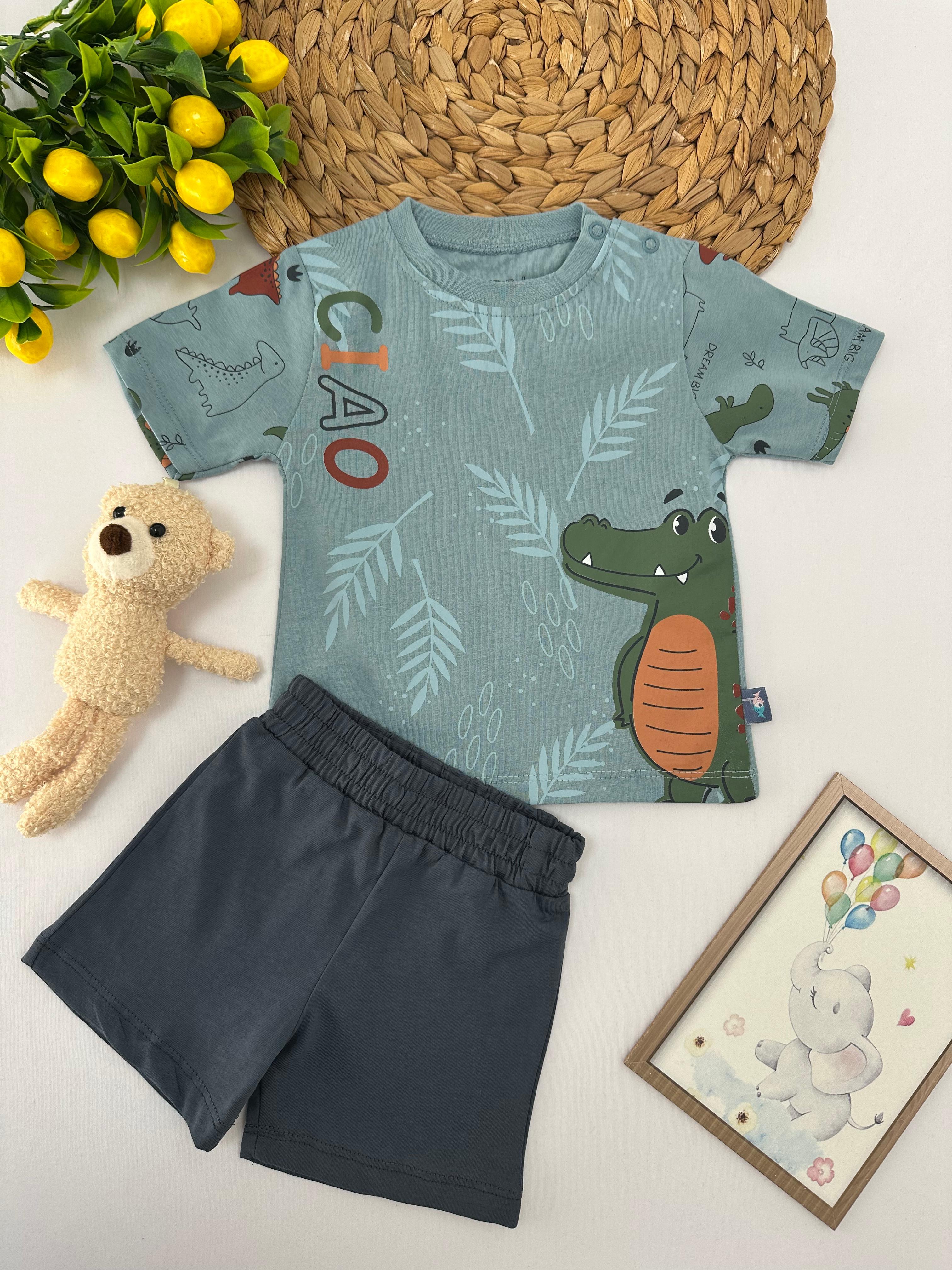 Erkek Bebek Mint Yeşili Timsah Baskılı Şortlu Takım