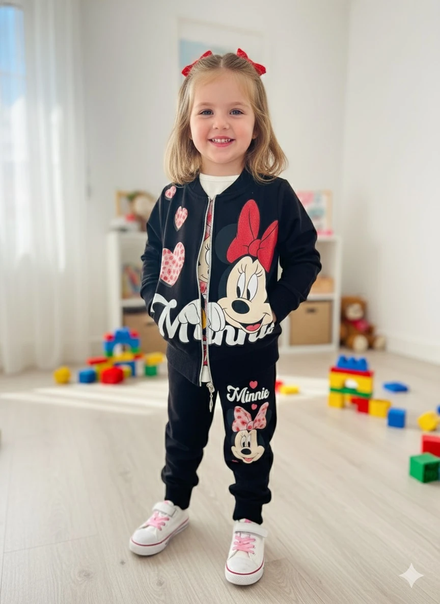 Kız Çocuk Siyah Minnie Mouse Baskılı 3'lü Takım