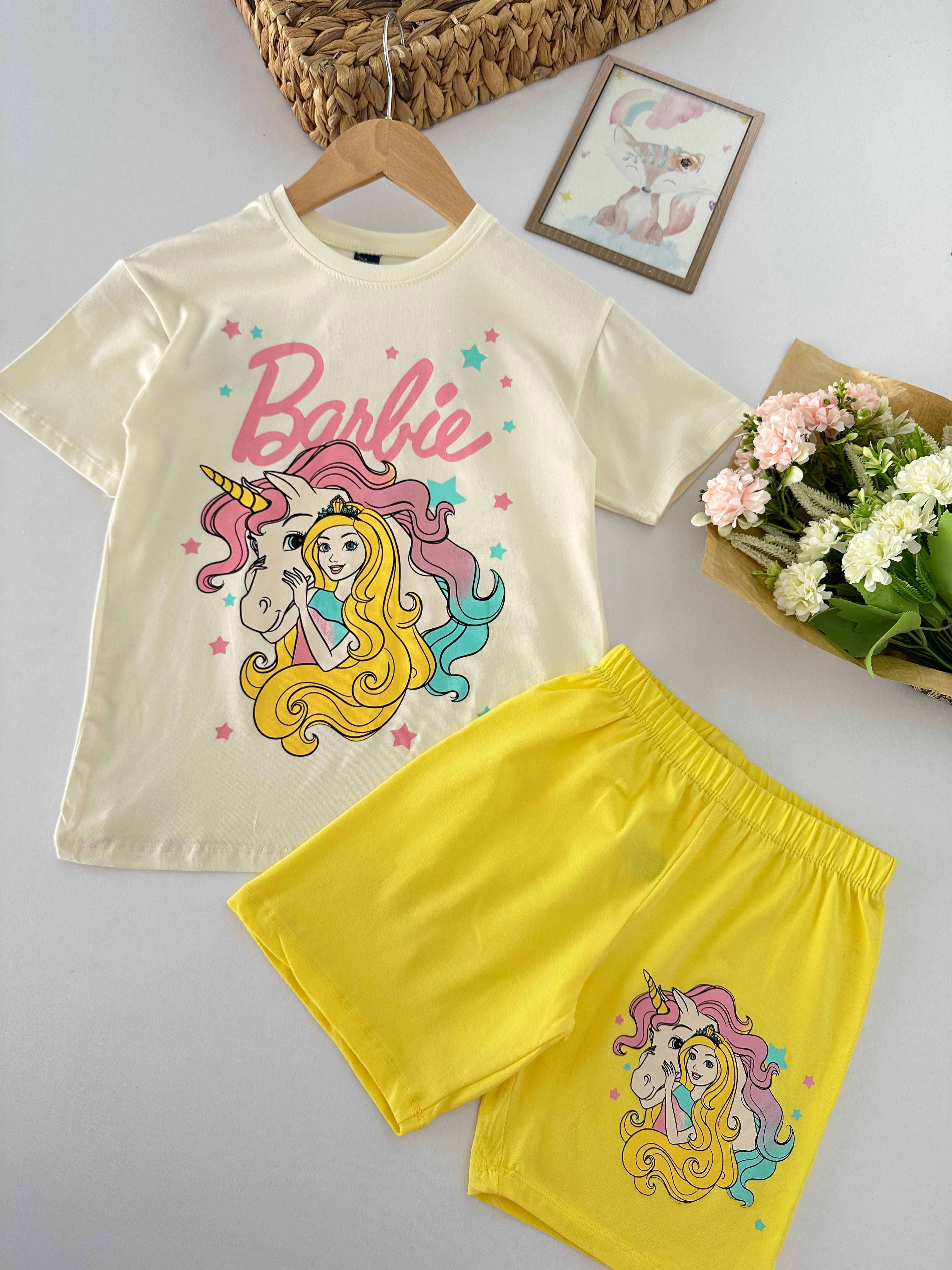 Kız Çocuk Ekru Sarı Barbie Takım