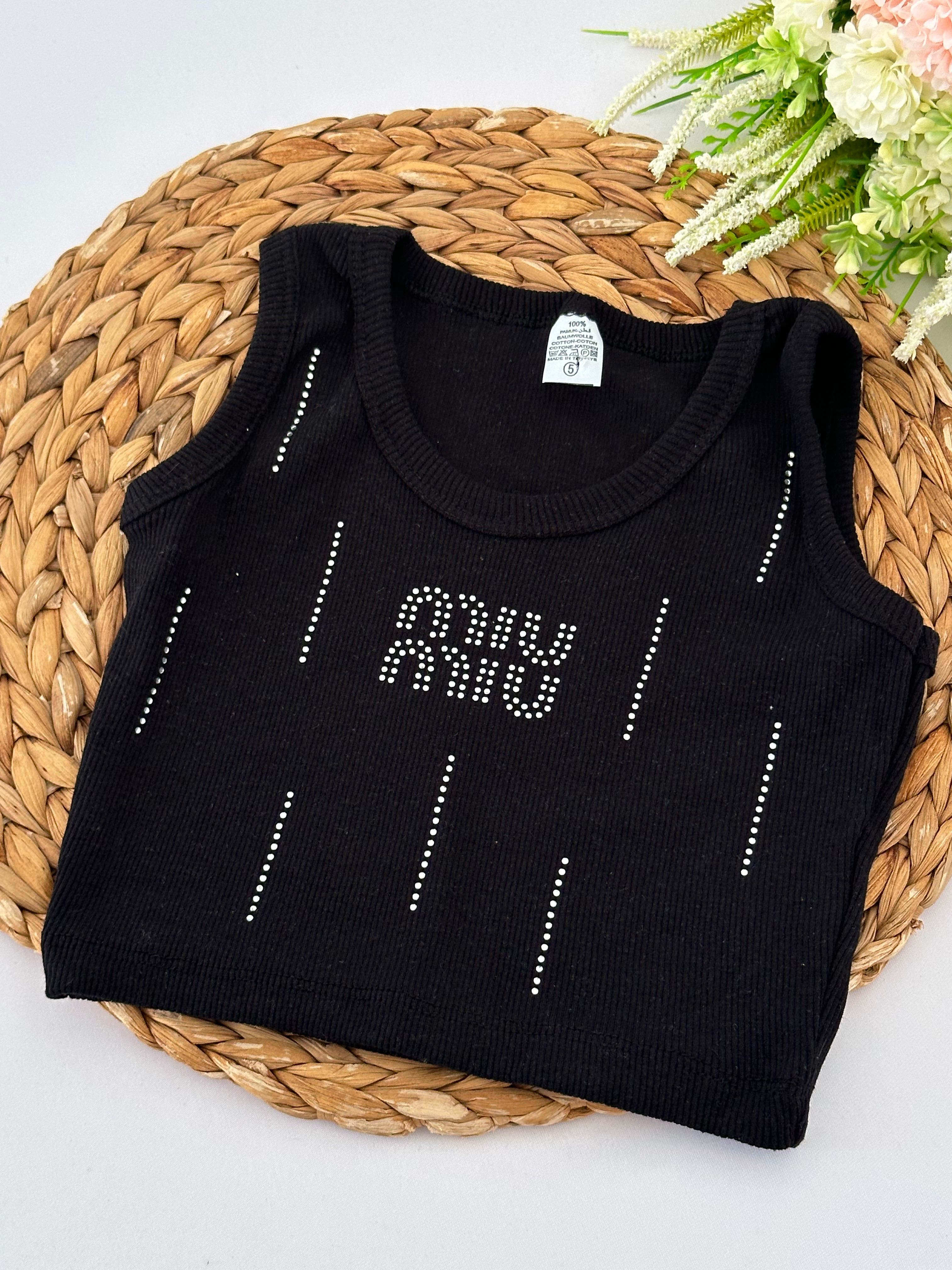 Kız Çocuk Siyah Miu Miu Taşlı Crop