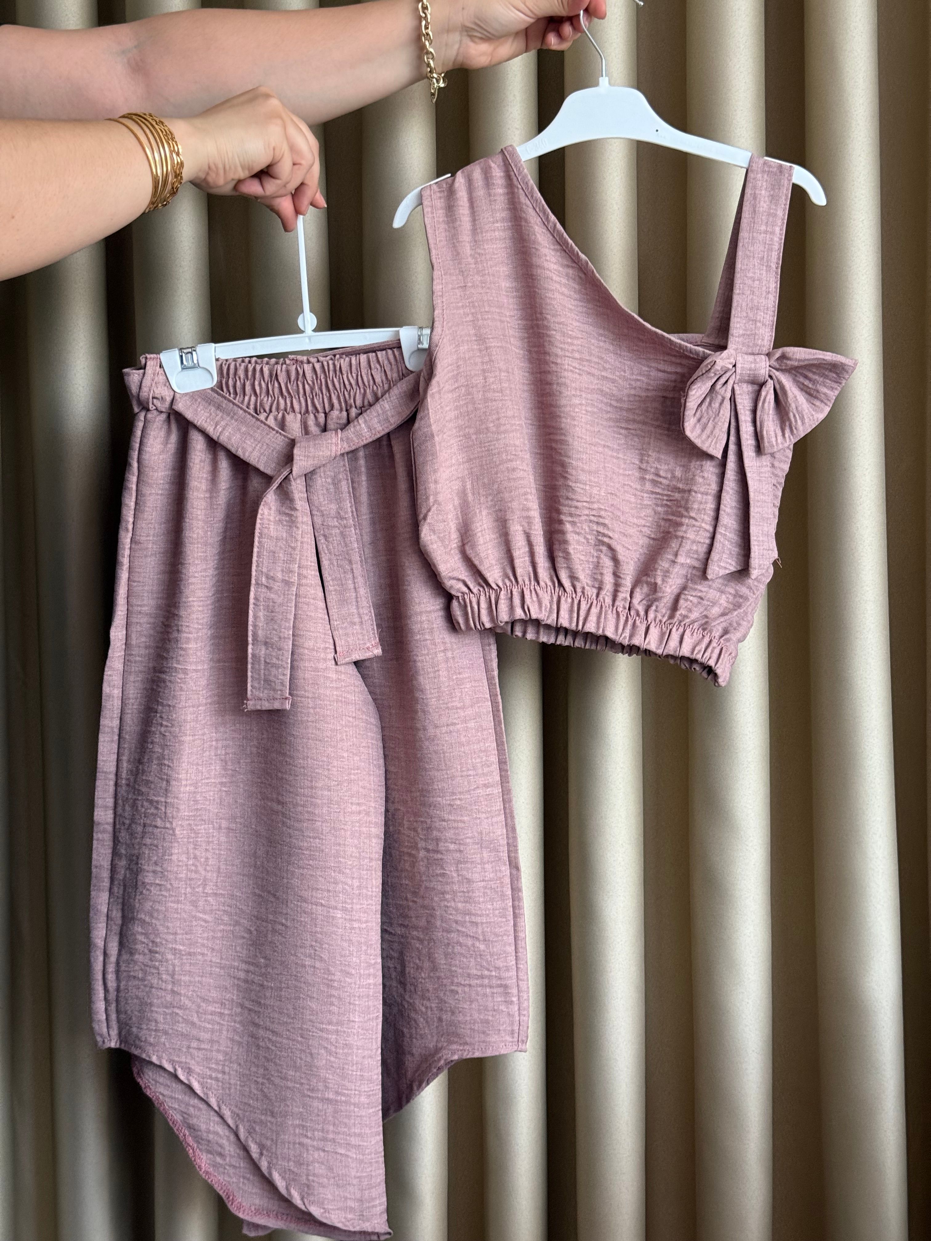 Kız Çocuk Gül Kurusu Fiyonklu Crop Pantolon Takım