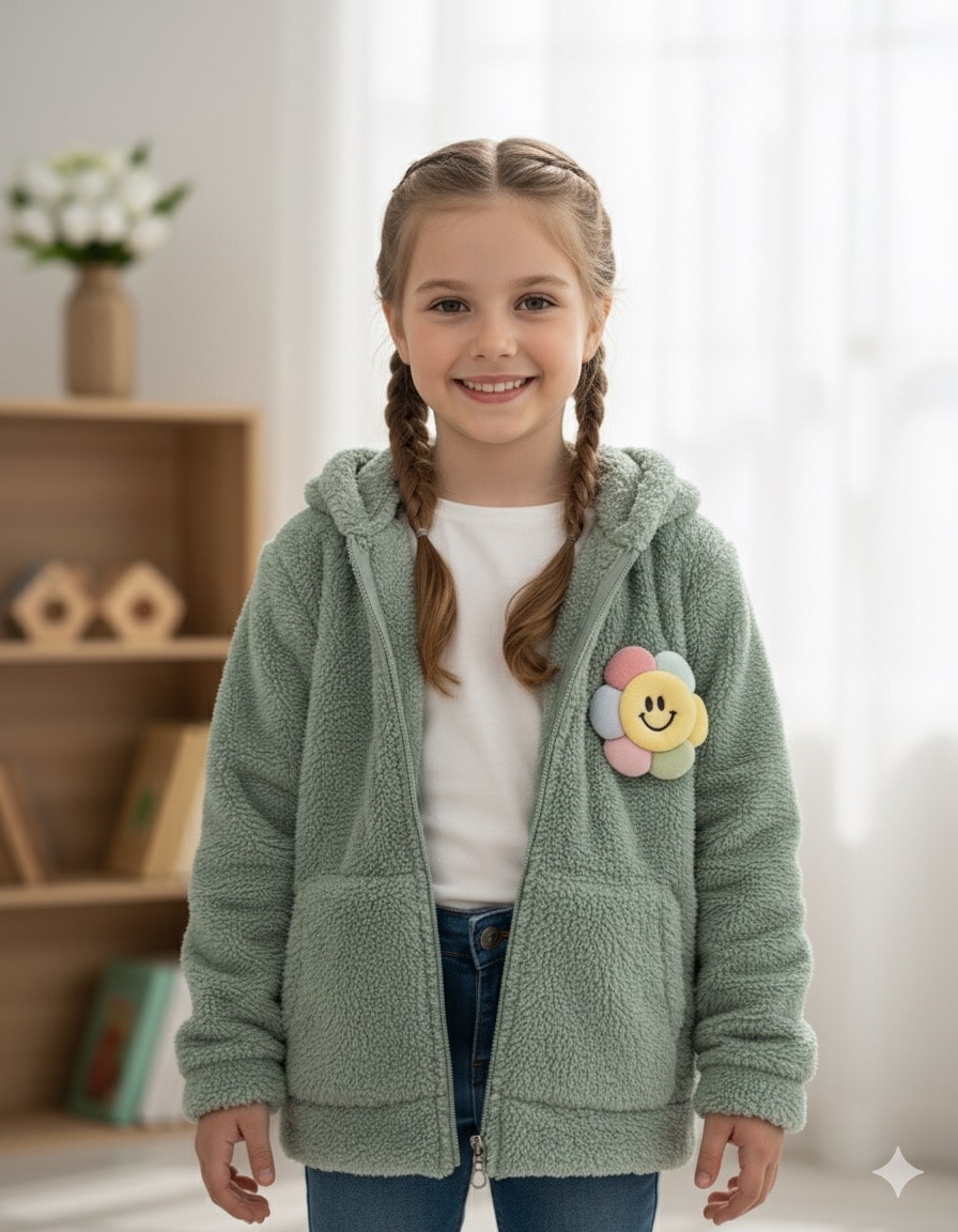 Kız Çocuk Yeşil Gülenyüz Peluş Hırka