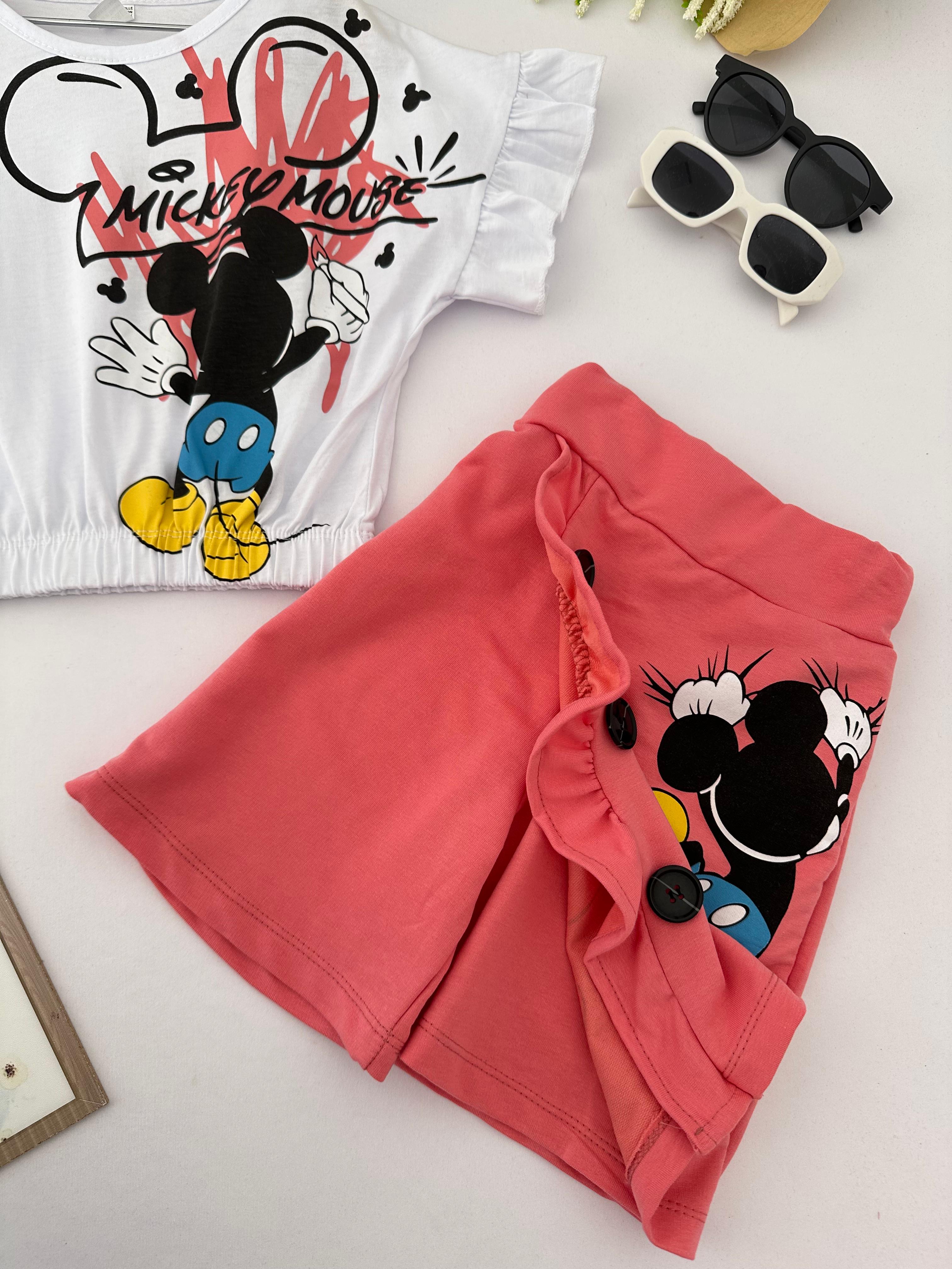 Kız Çocuk Somon Mickey Mouse Şort Etekli Crop Takım