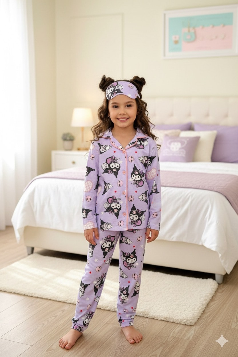 Kız Çocuk Kuromi Desenli 3'Lü Pijama Takım