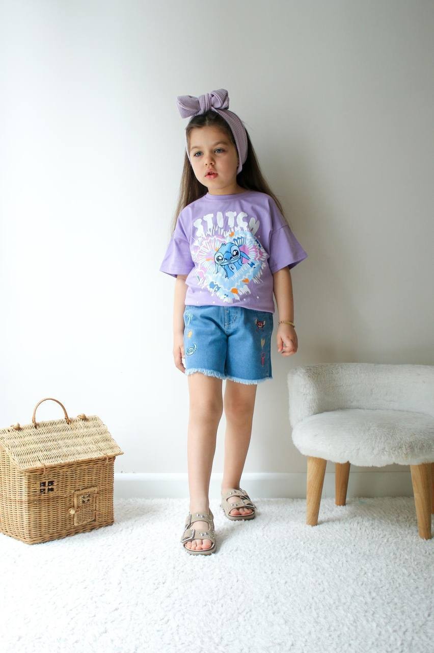 Kız Çocuk Lila Stitch Kot Şortlu Takım