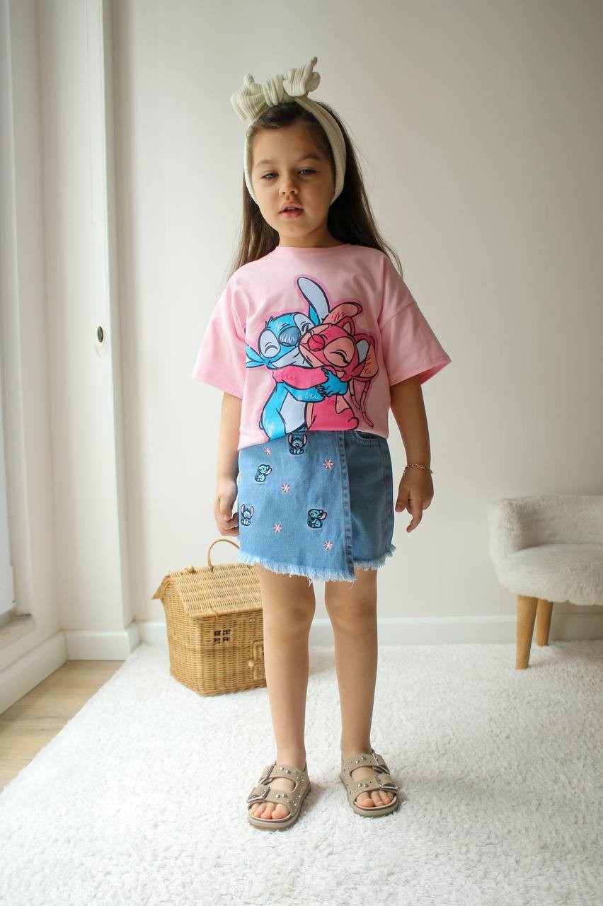 Kız Çocuk Pembe Stitch Kot Şort Etek Takım