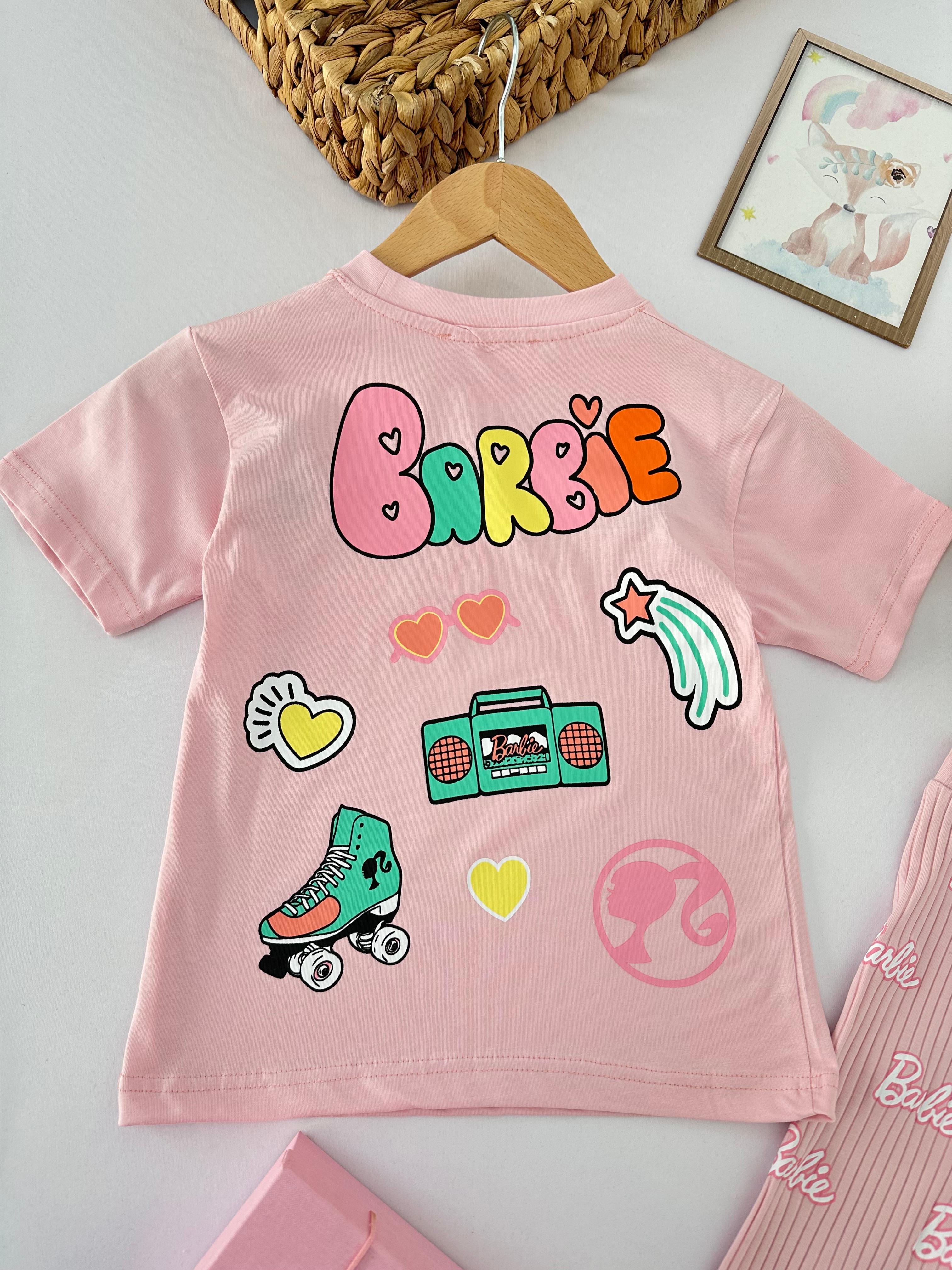 Kız Çocuk Toz Pembe Barbie Desenli Takım