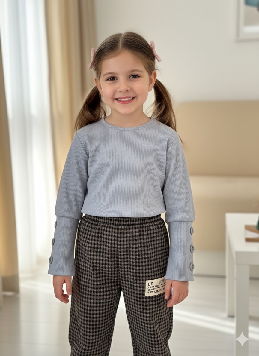 Kız Çocuk Antrasit Kolu Düğme Detaylı Takım