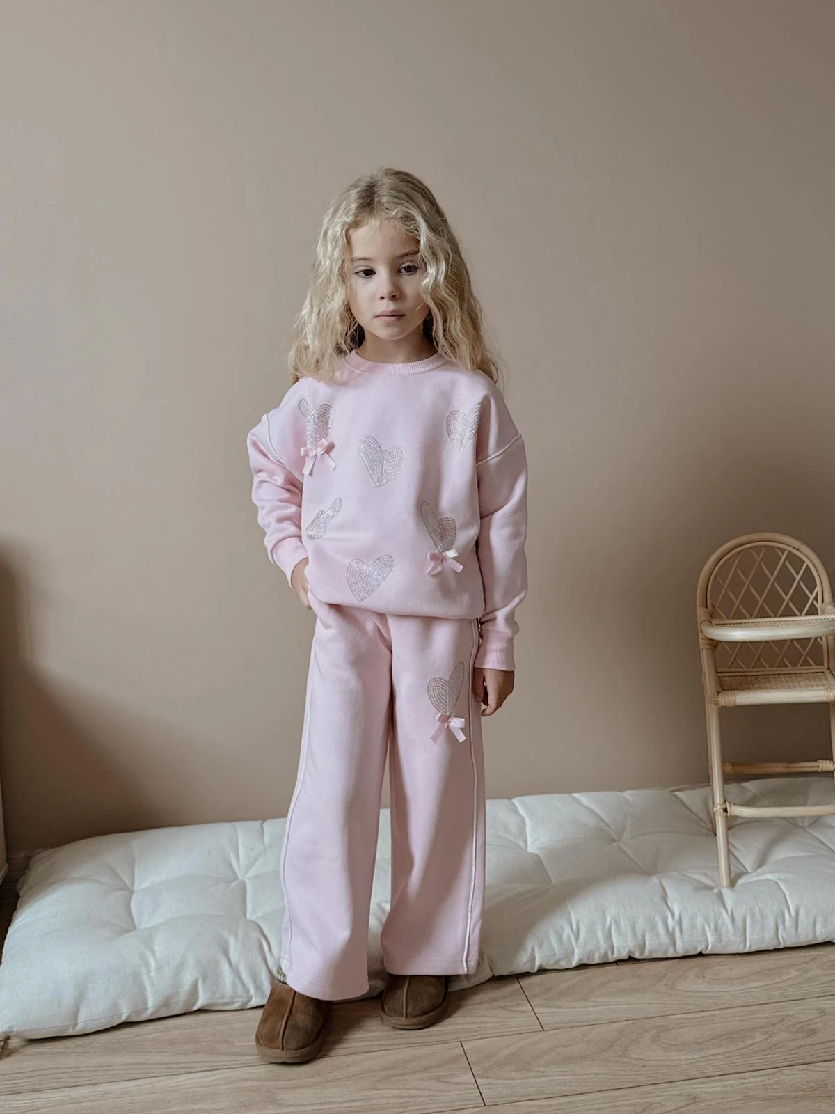 Kız Çocuk Pembe Kalpli Kurdeleli Alt-Üst Takım