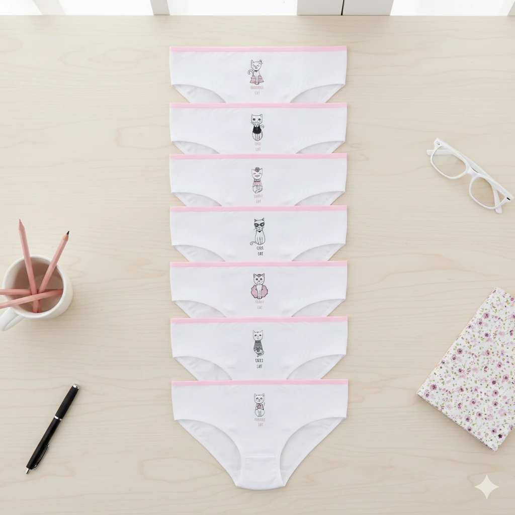 Kız Çocuk Kedi Desenli 7’li Slip Külot