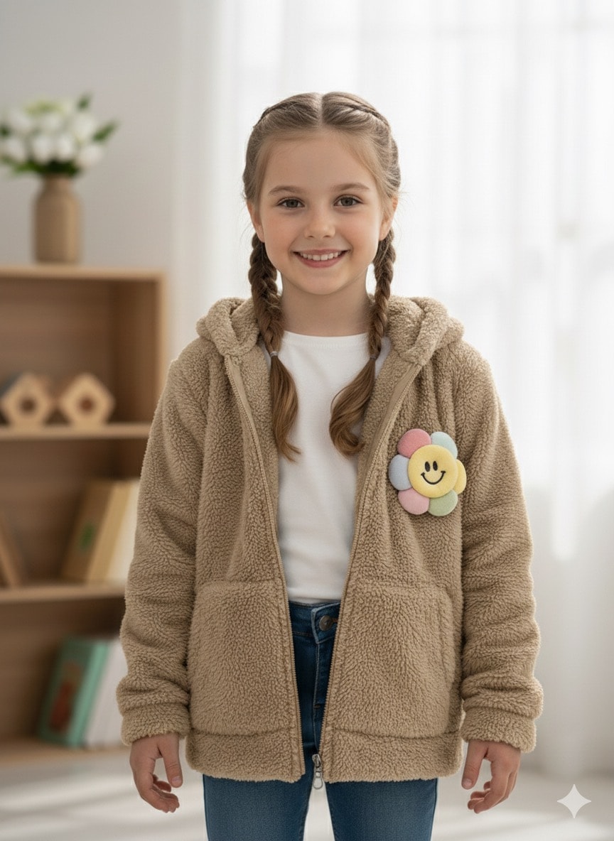 Kız Çocuk Kahverengi Gülenyüz Peluş Hırka