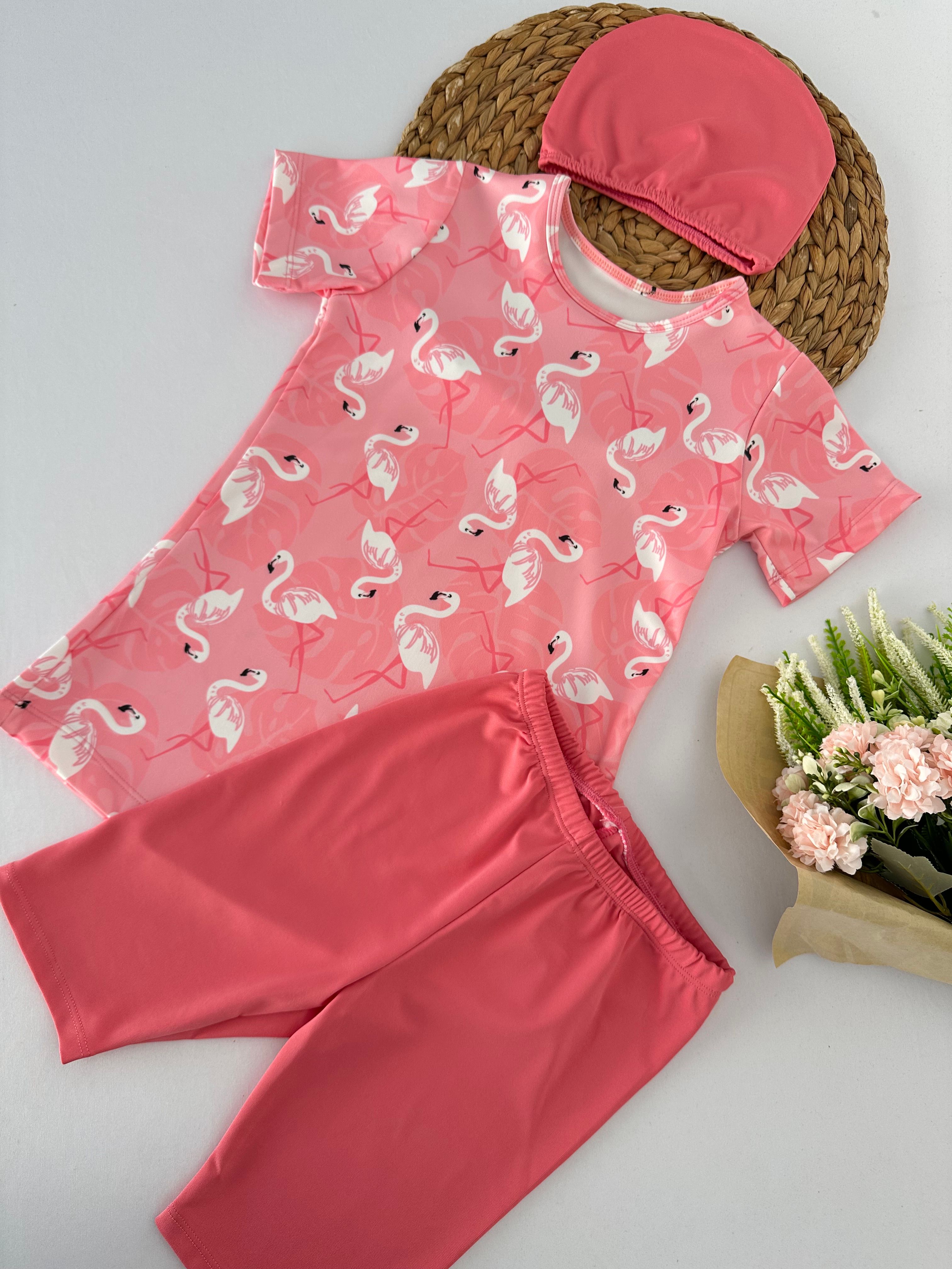 Kız Çocuk Pembe Flamingo Desenli Boneli Mayo