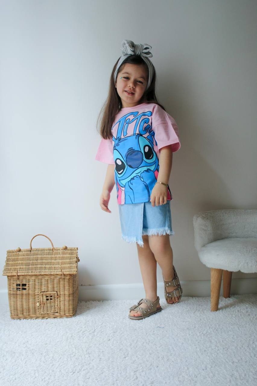 Kız Çocuk Pembe Stitch Şort Etekli Takım
