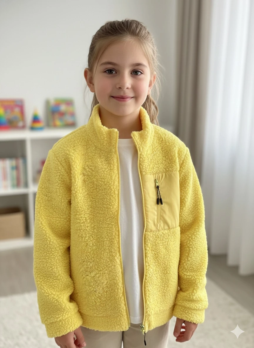 Kız Çocuk Sarı Cepli Peluş Hırka