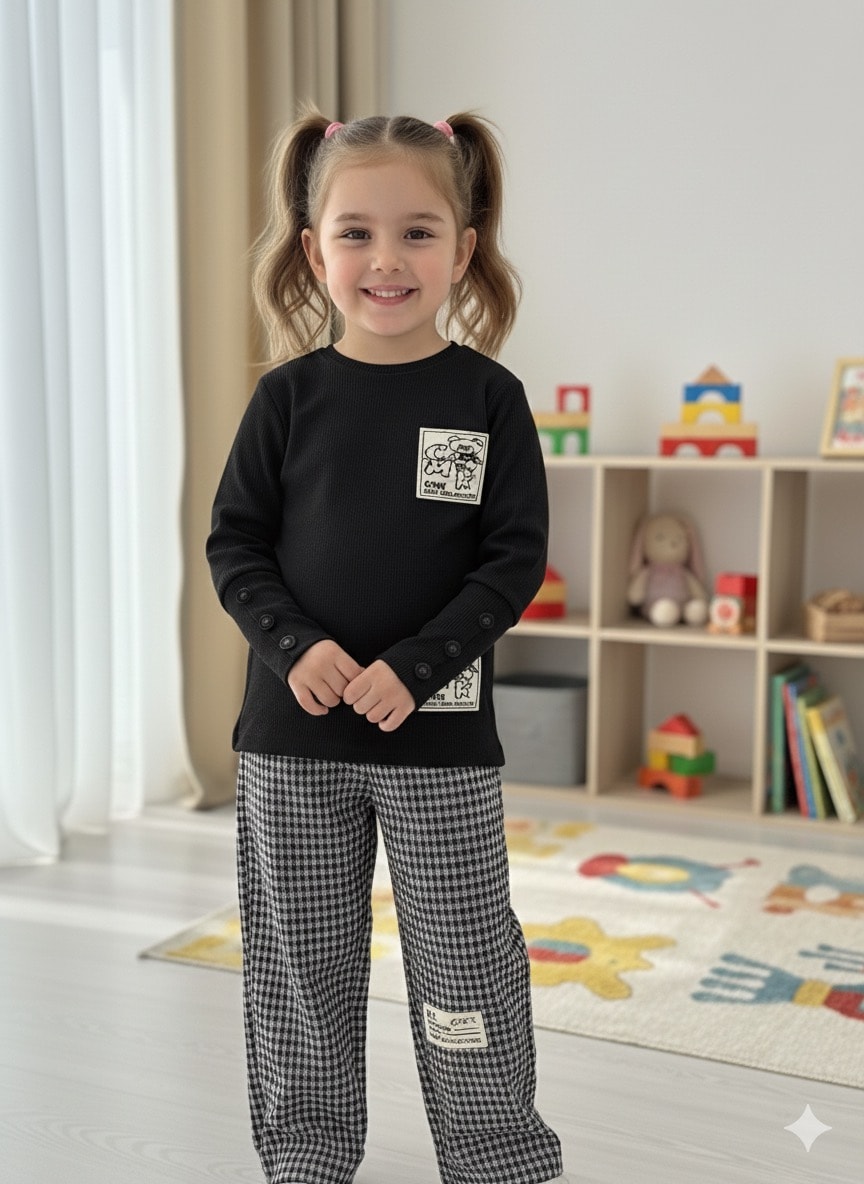 Kız Çocuk Siyah Kolu Düğme Detaylı Takım