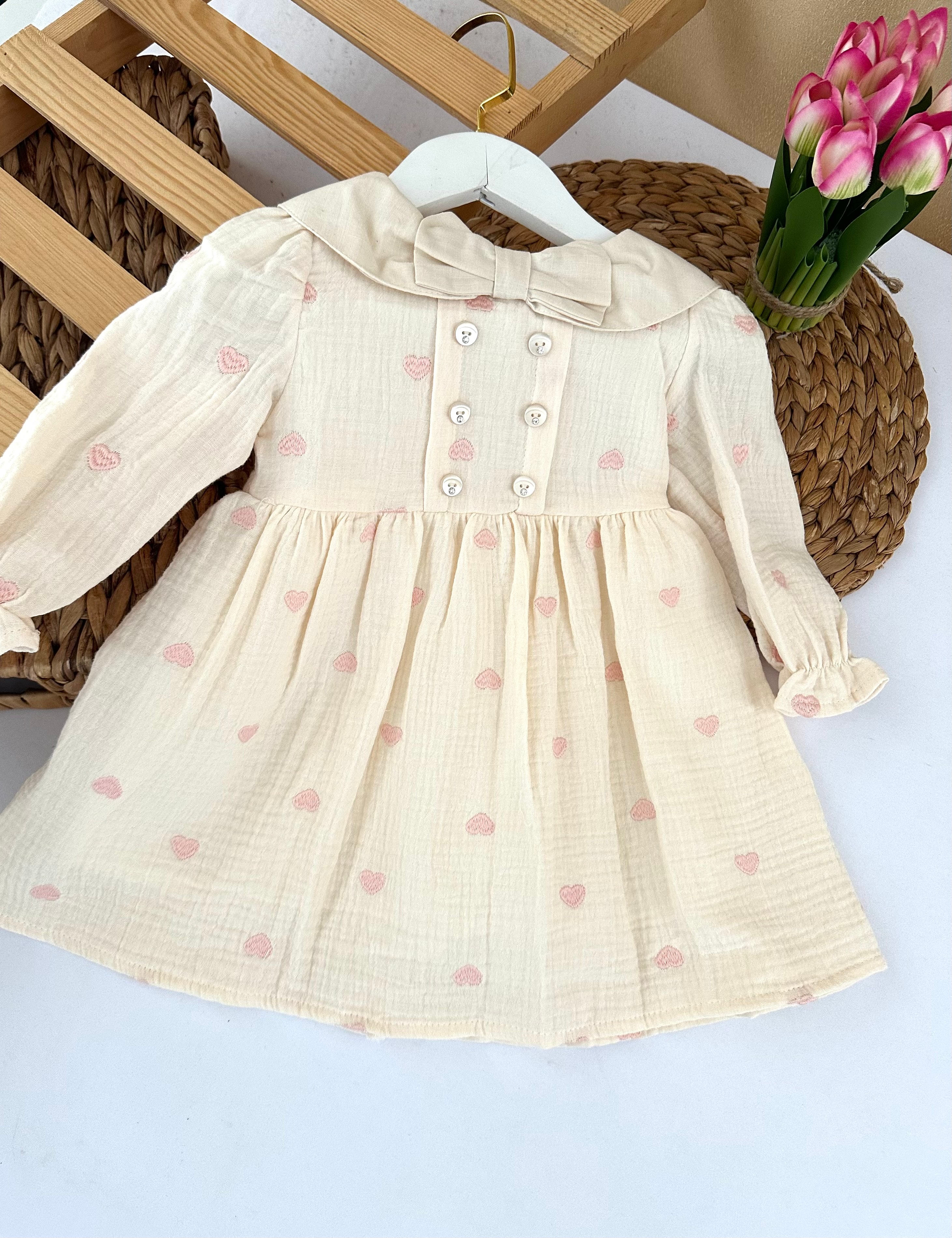 Kız Çocuk Pembe Kalpli Müslin Elbise