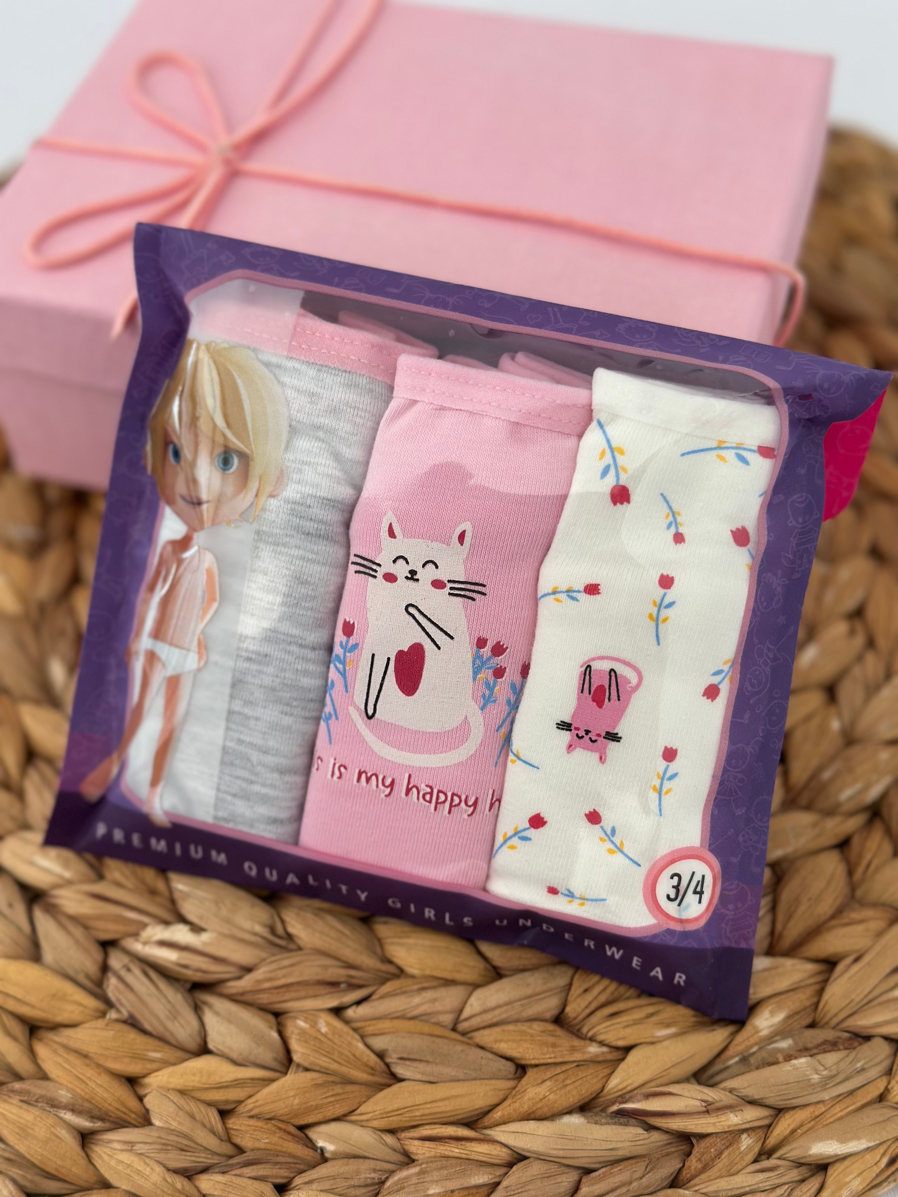 Kız Çocuk Pembe Çiçekli Kedicik Desenli 3’lü Slip Külot