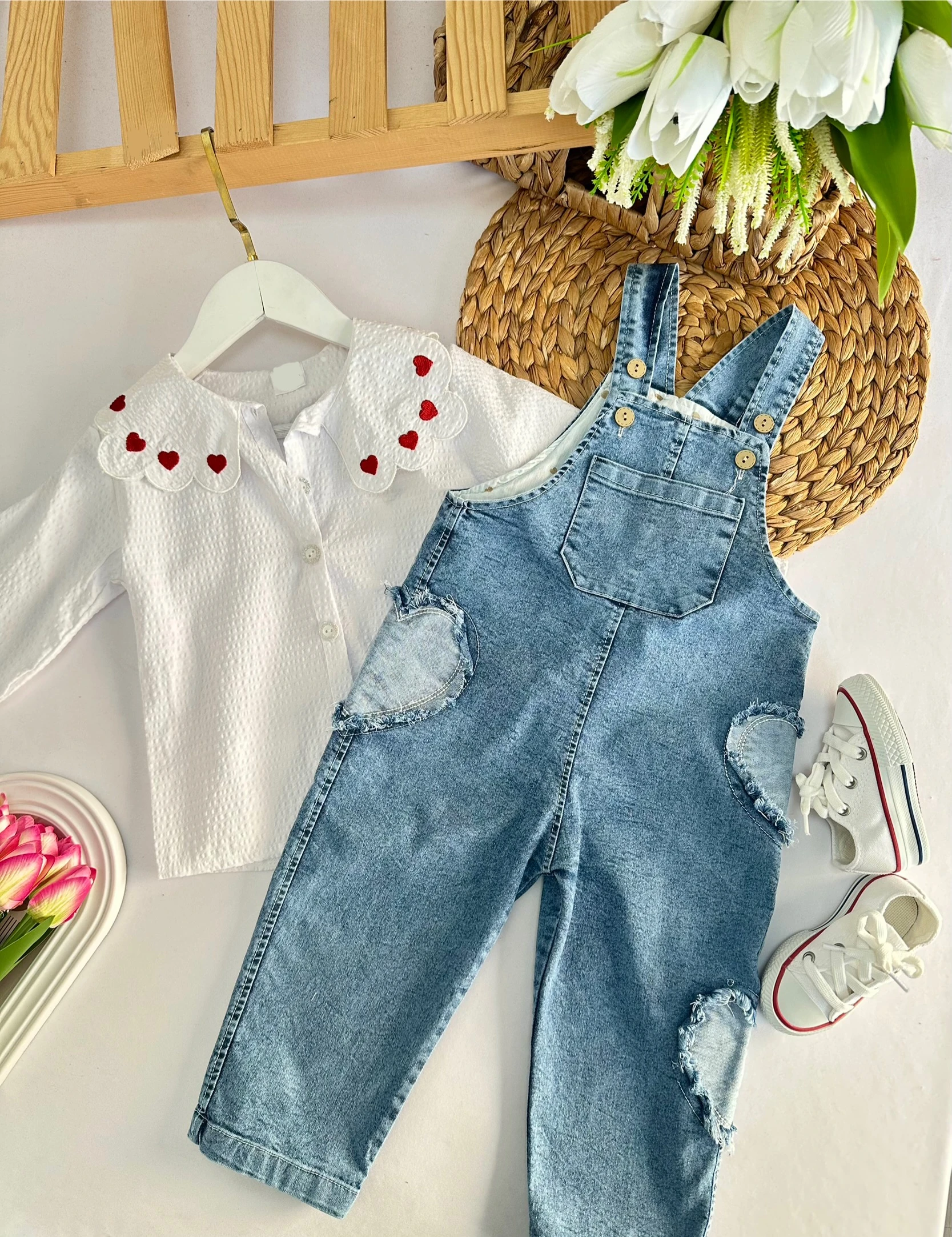 Kız Çocuk Kalpli Bahçıvan Kot Takım