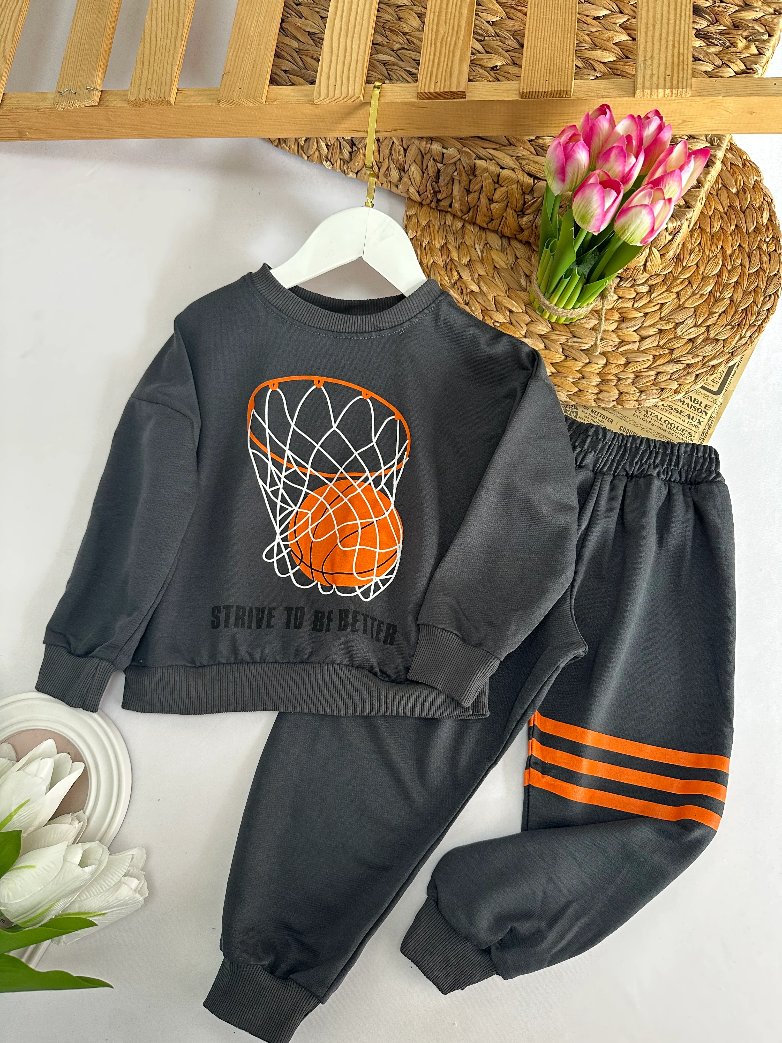 Erkek Çocuk Antrasit Basket Baskılı Takım