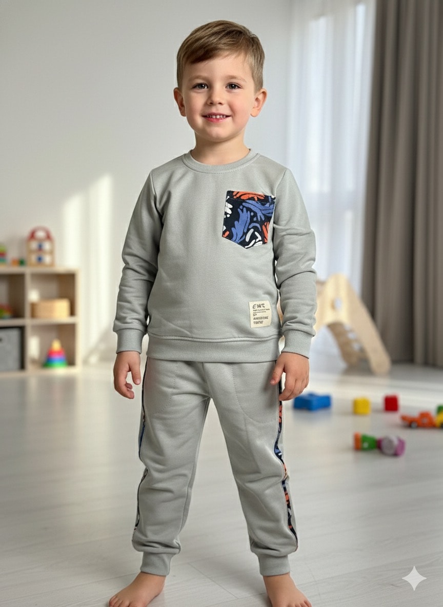Erkek Çocuk Gri Cep Detaylı Takım